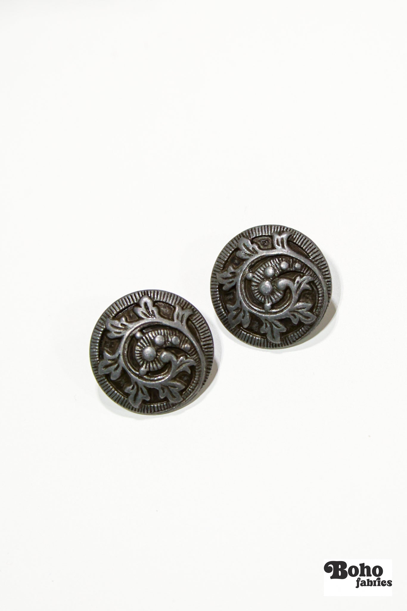 Antique Nickel Vines & Leaves Metal Shank Buttons. 32L (20mm / 13/16"). Set of 6 - Boho Fabrics - Buttons & Snaps
