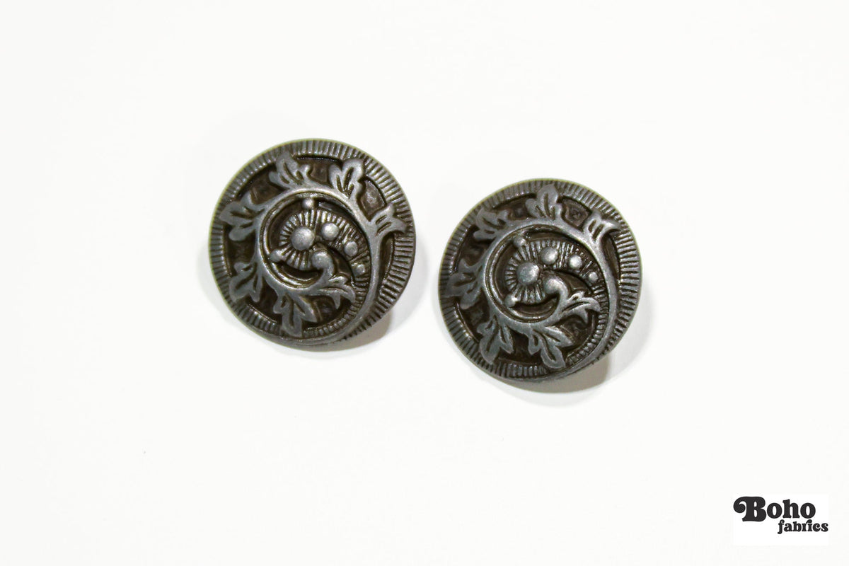 Antique Nickel Vines & Leaves Metal Shank Buttons. 32L (20mm / 13/16"). Set of 6 - Boho Fabrics - Buttons & Snaps