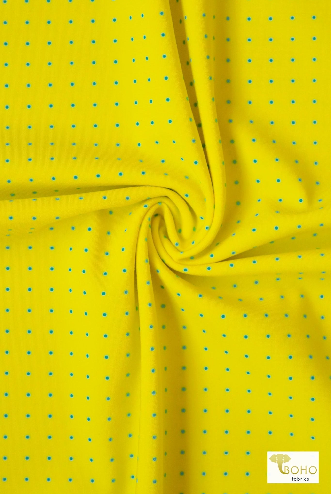 Aqua Polka Dots on Yellow, Swim Print Knit Fabric - Boho Fabrics