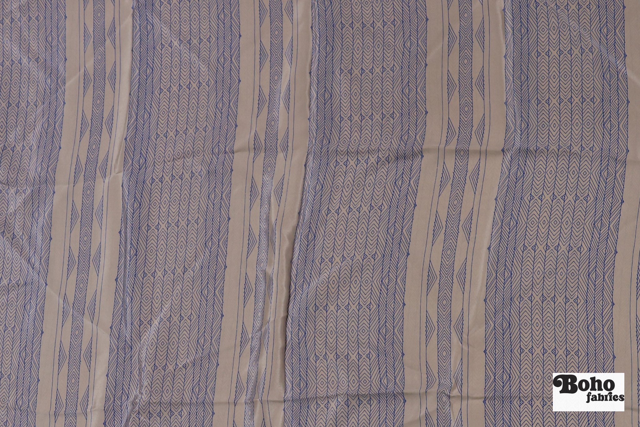 Beige with Blue Lines Geometric Silk Charmeuse Fabric, Pre-Cuts - Boho Fabrics - Woven Fabric