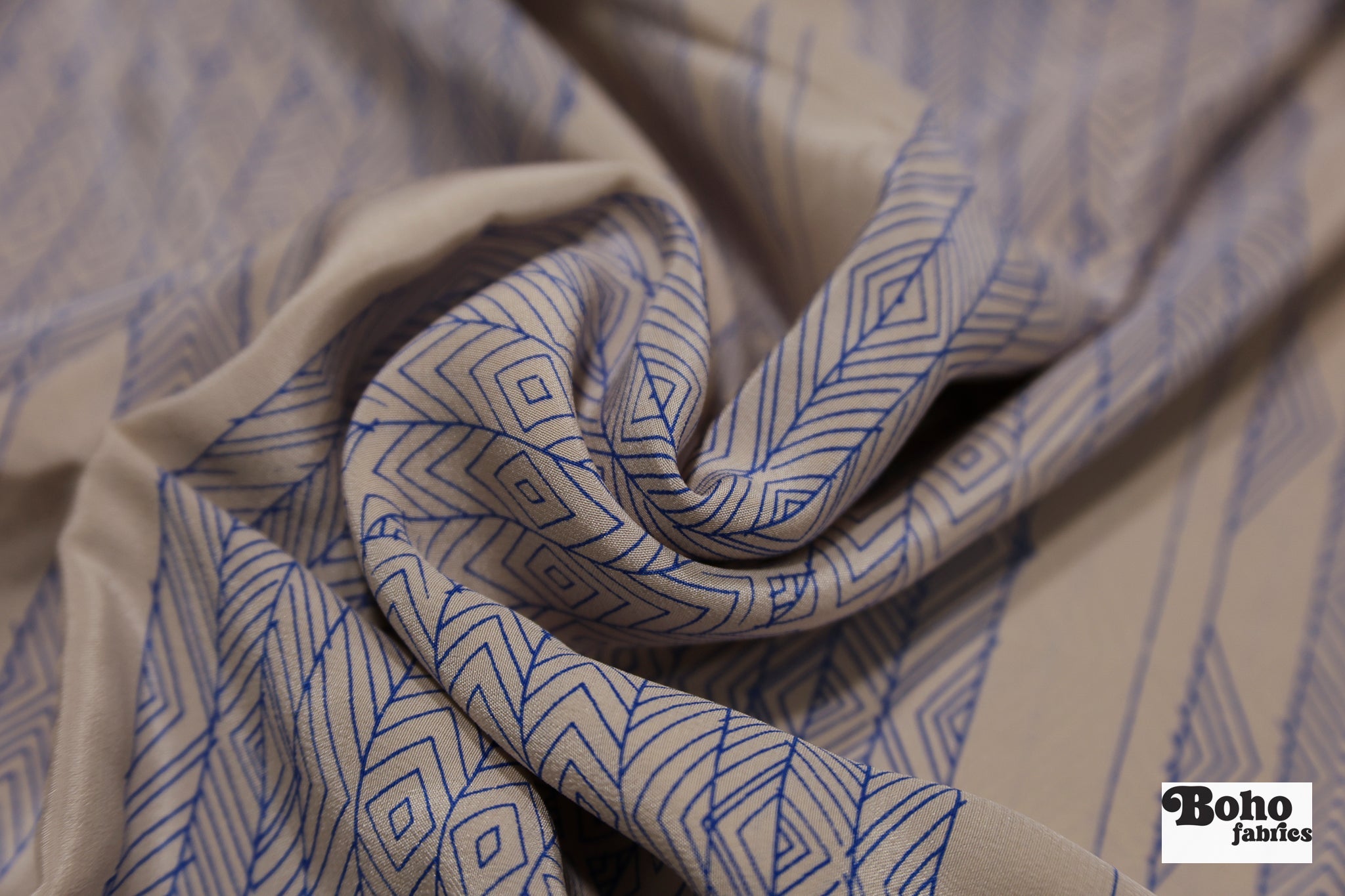 Beige with Blue Lines Geometric Silk Charmeuse Fabric, Pre-Cuts - Boho Fabrics - Woven Fabric