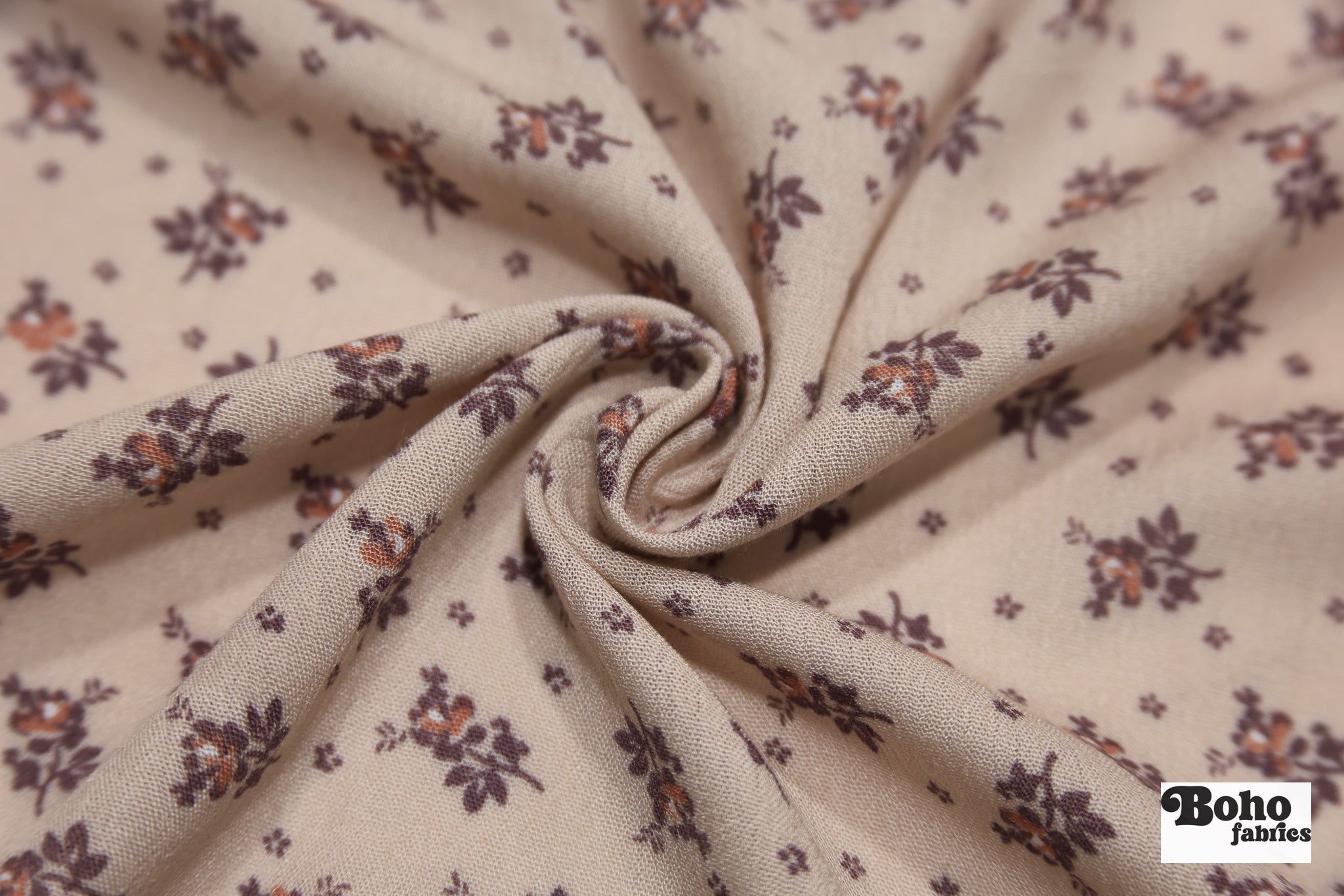 Beige with Brown and Rust Ditsy Floral Clusters Rayon Crepe Woven Fabric - Boho Fabrics - Crepe, Woven