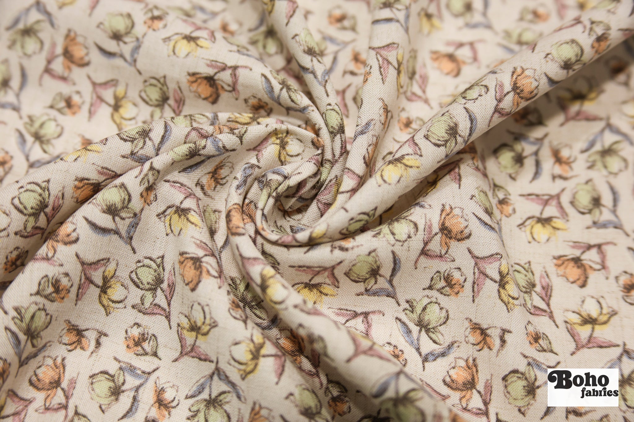 Beige with Muted Watercolor Florals Rayon Challis Woven Fabric - Boho Fabrics - Challis, Woven