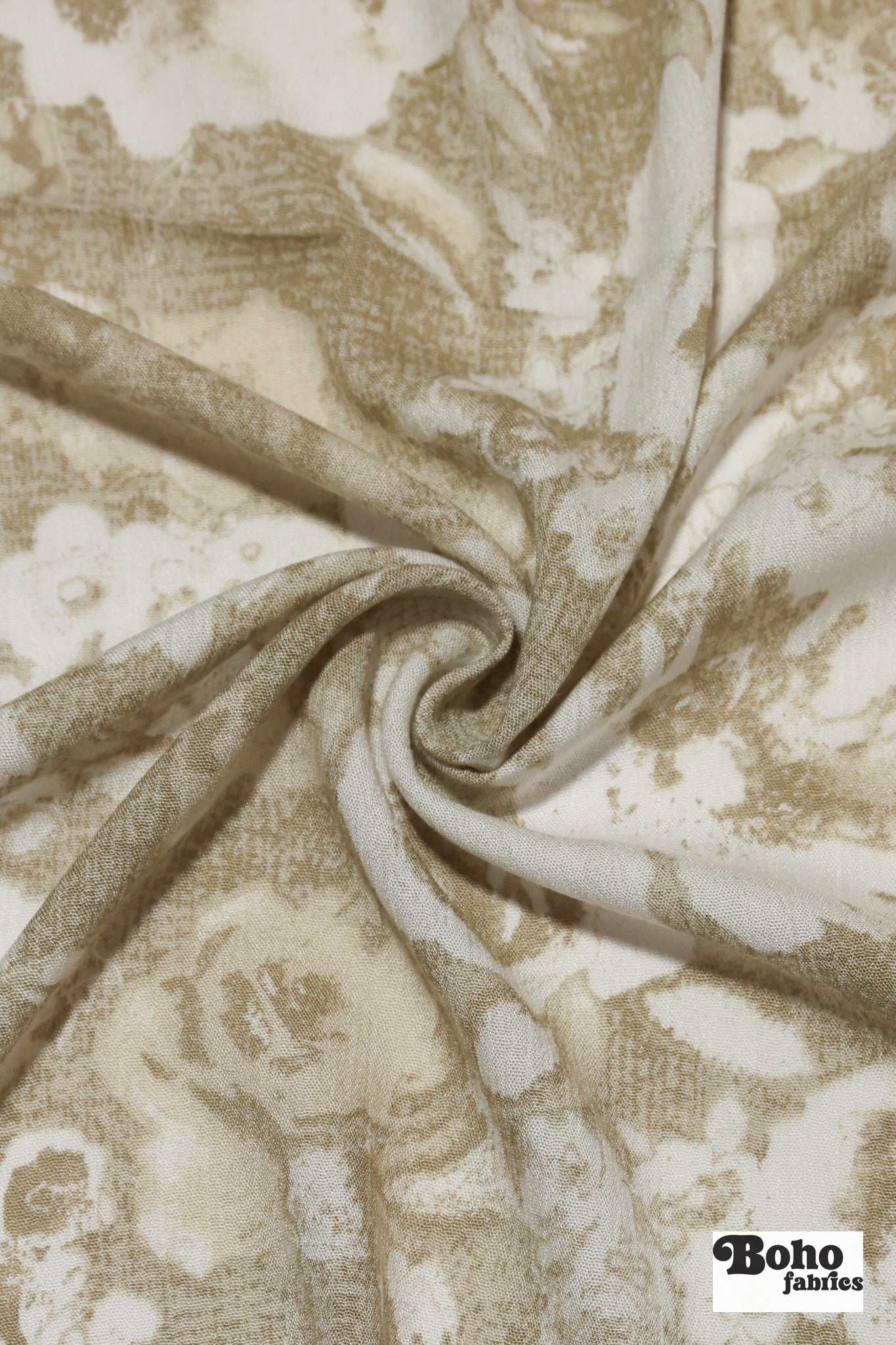 Beige with White Roses Rayon Crepe Woven Fabric - Boho Fabrics - Crepe, Woven