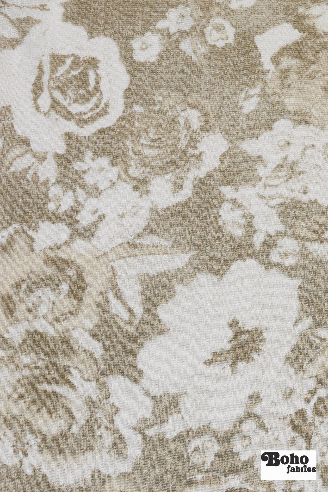 Beige with White Roses Rayon Crepe Woven Fabric - Boho Fabrics - Crepe, Woven