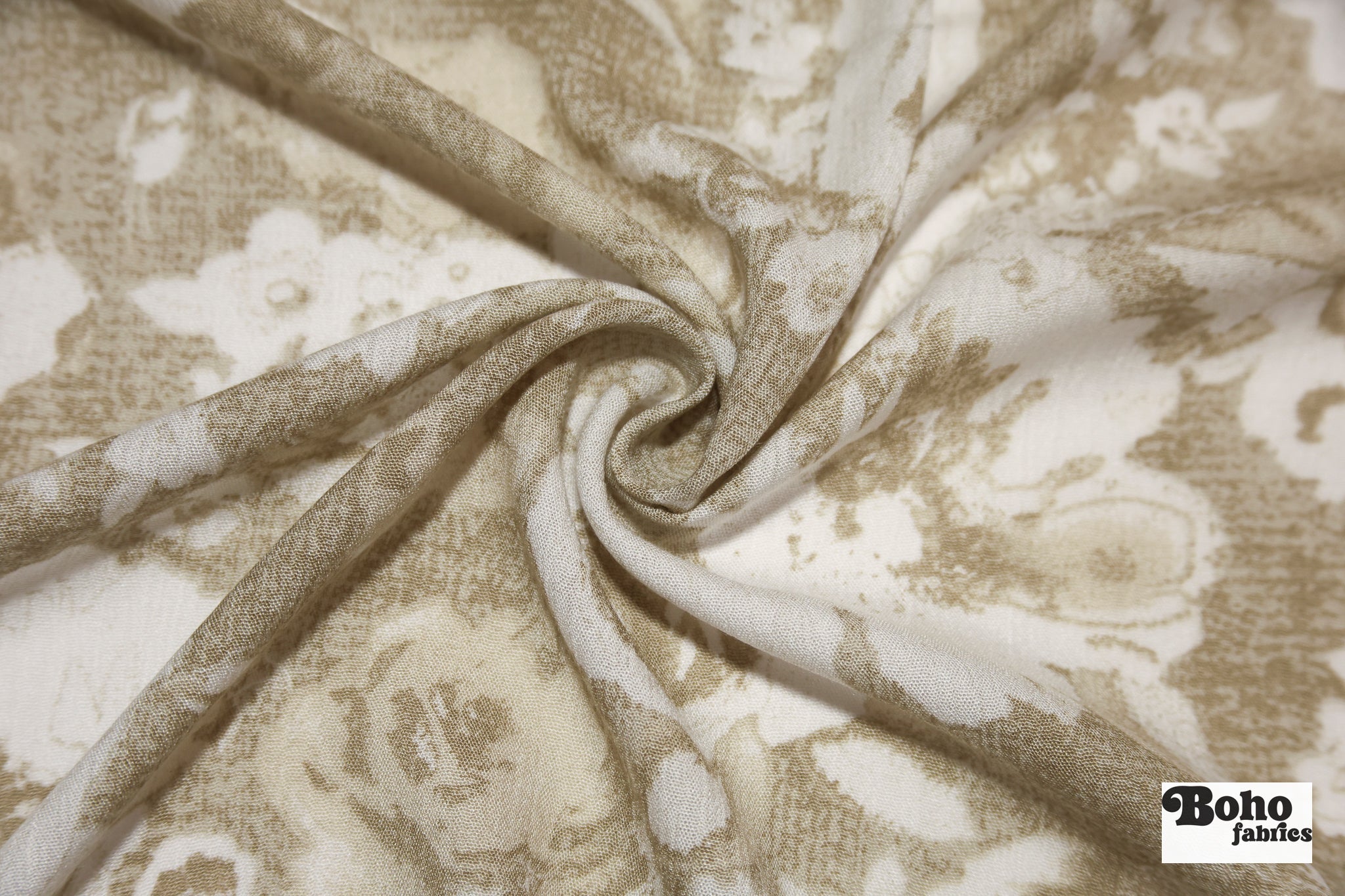 Beige with White Roses Rayon Crepe Woven Fabric - Boho Fabrics - Crepe, Woven