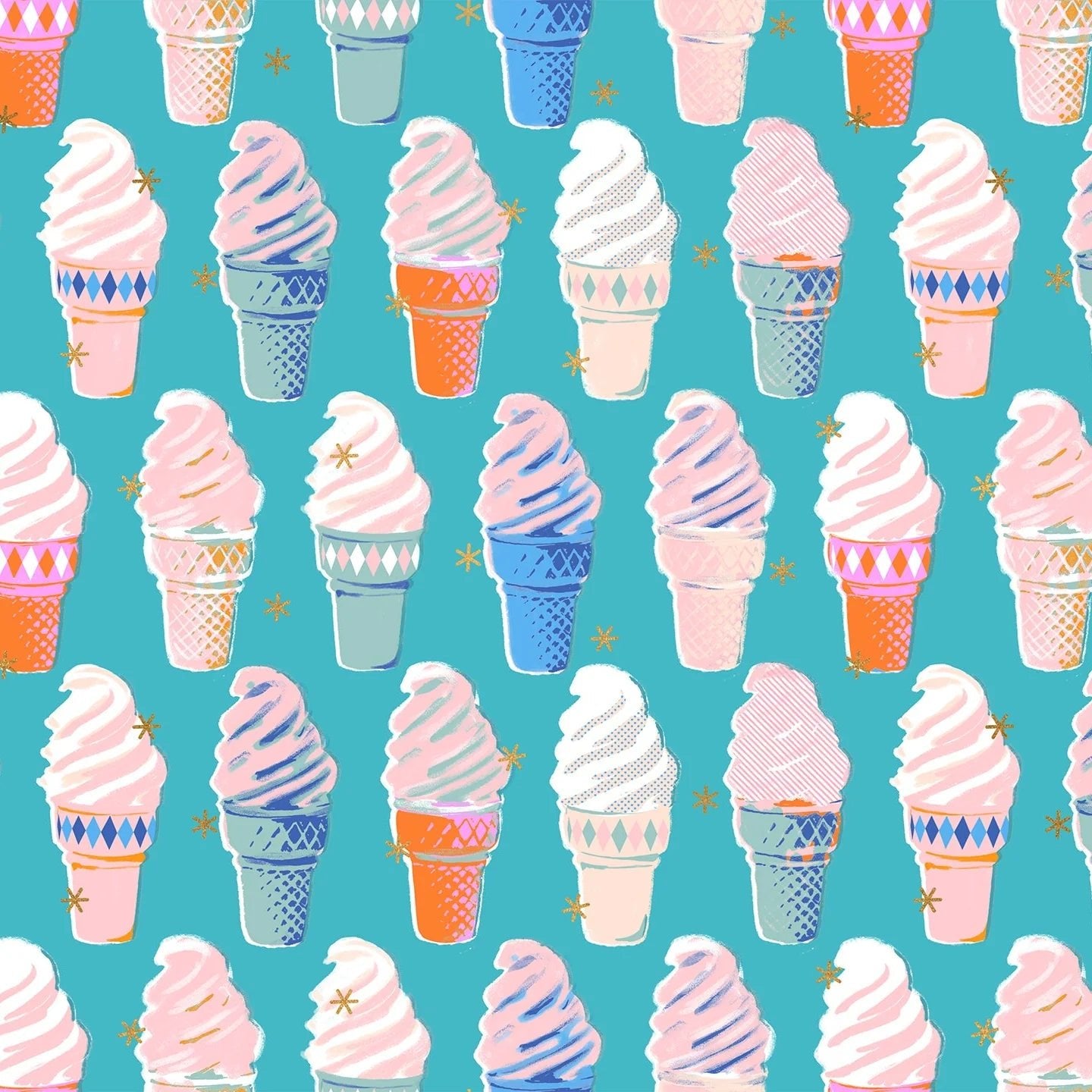 Best Day Ever Ice Cream Metallic in Turquoise by Melody Miller for Ruby Star Society - Metallic Cotton Fabric - RS0105 17M - Boho Fabrics - Quilting Cotton, Woven