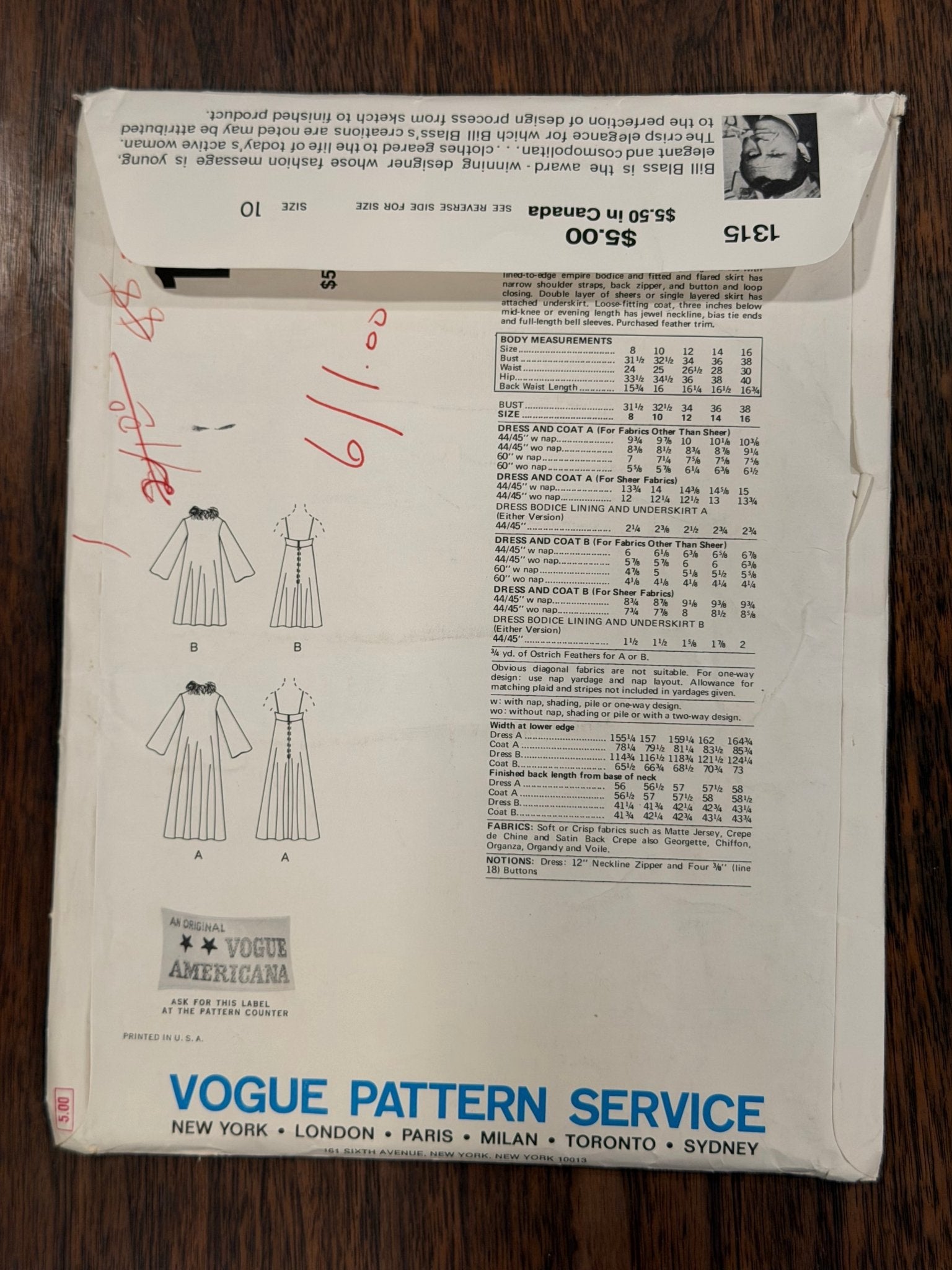 Bill Blass | Vogue American Designer Sewing Pattern #1315 — Empire Evening Dress & Bell-Sleeve Coat, Size 10, Vintage 1975 - Boho Fabrics - Sewing Patterns