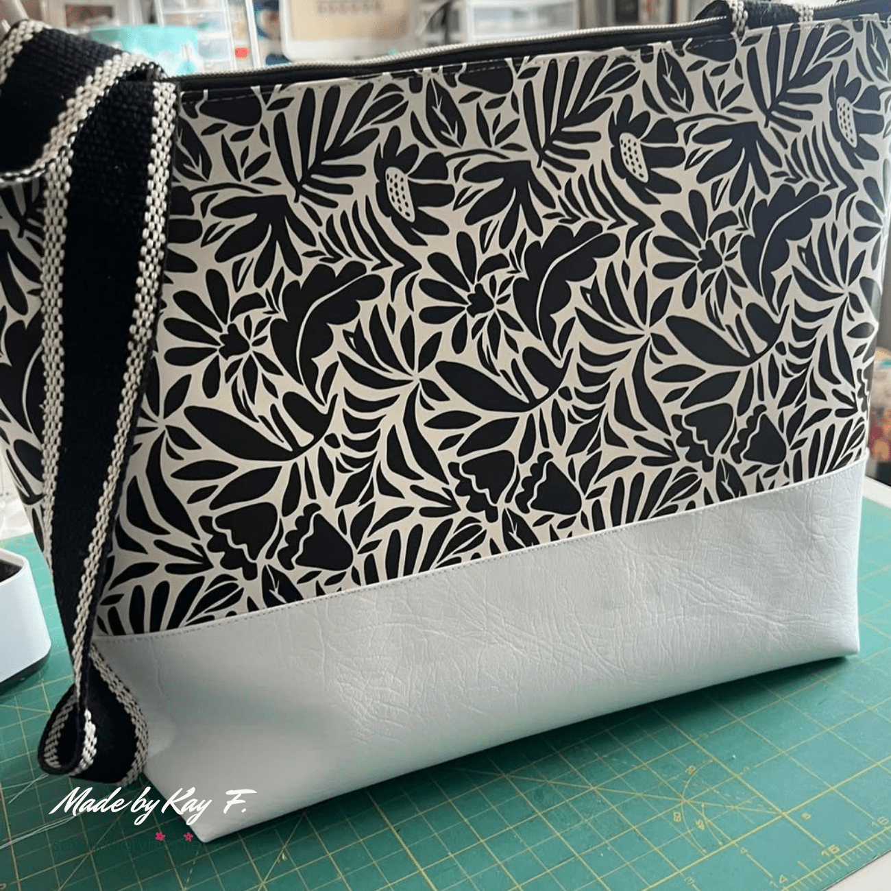 Black and Cream Floral Vinyl - Boho Fabrics - Vinyl Fabric