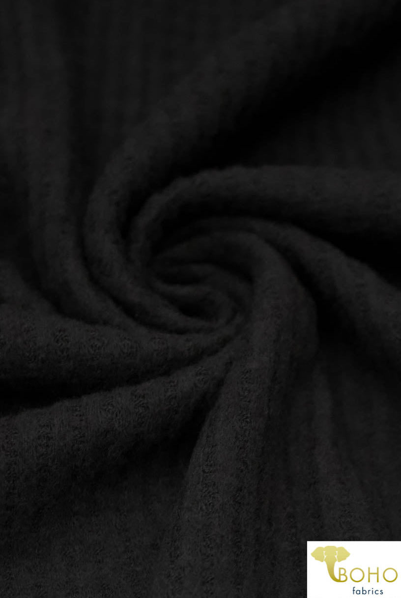 Black, Brushed Waffle Solid Knit Fabric - Boho Fabrics
