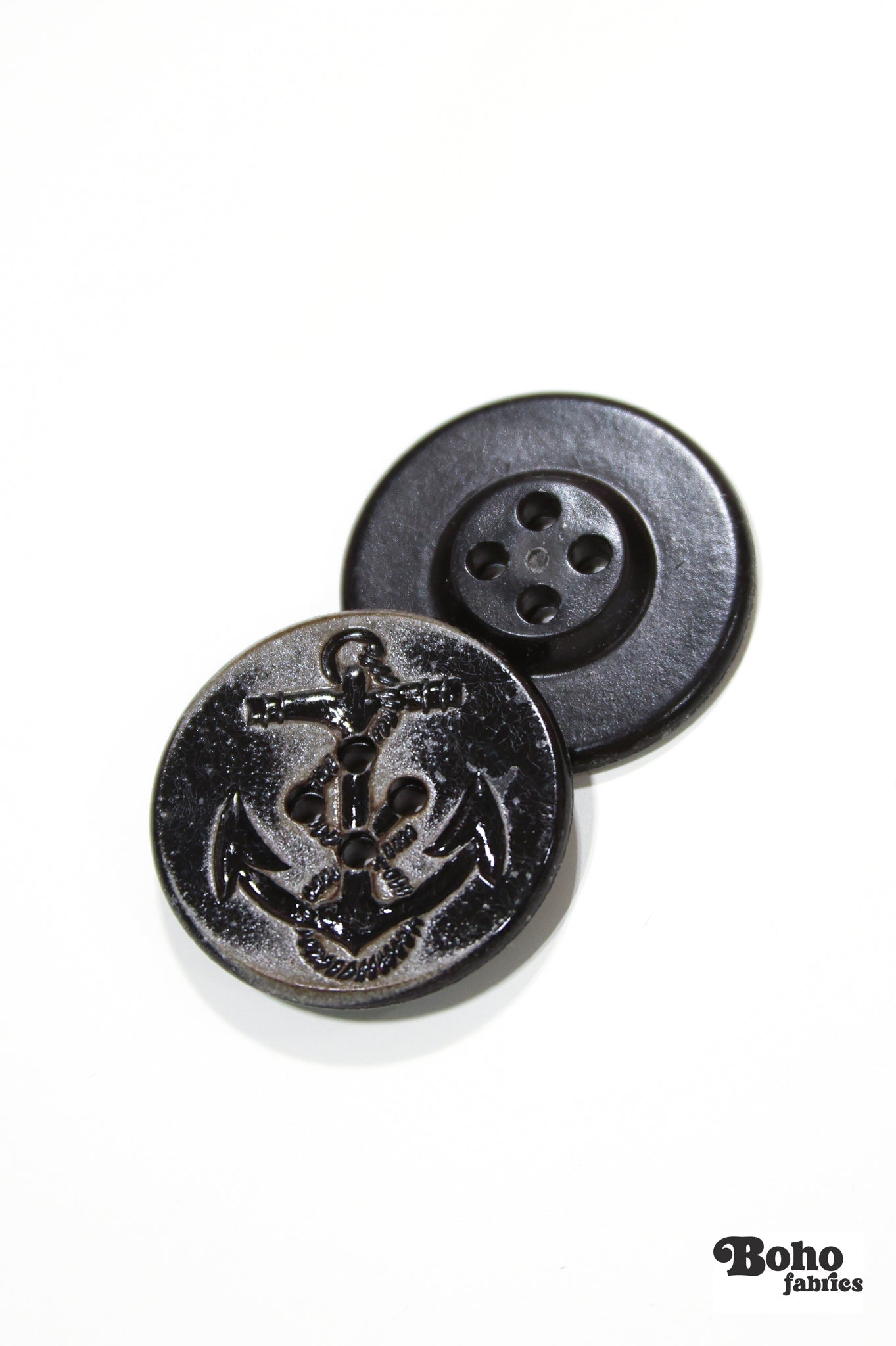 Black Distressed Anchor 4-Hole Shank Plastic Buttons. 24L (15mm / 5/8"), 40L (25mm / 1"), 50L (32mm / 1 1/4") - Boho Fabrics - Buttons & Snaps