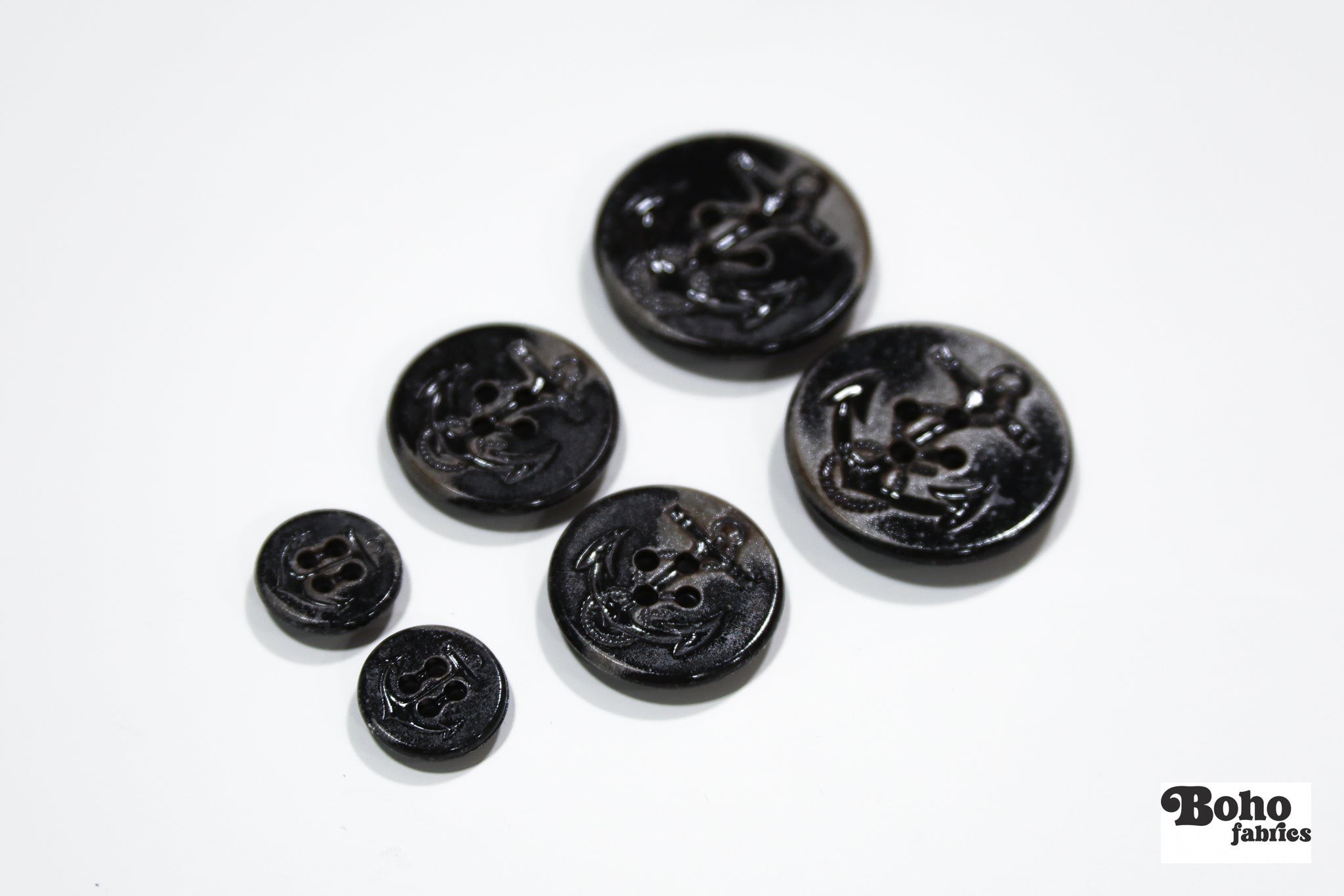 Black Distressed Anchor 4-Hole Shank Plastic Buttons. 24L (15mm / 5/8"), 40L (25mm / 1"), 50L (32mm / 1 1/4") - Boho Fabrics - Buttons & Snaps