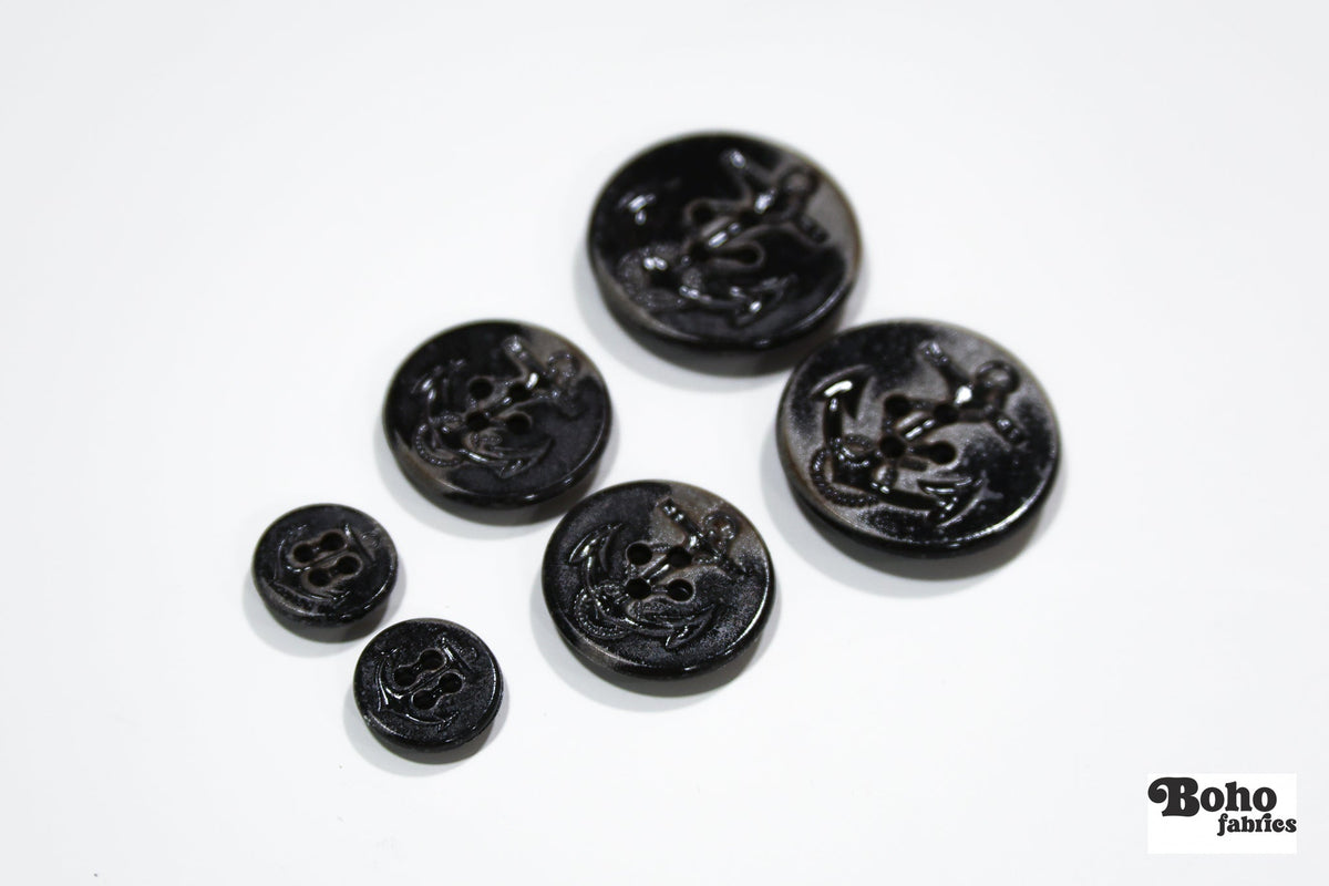 Black Distressed Anchor 4-Hole Shank Plastic Buttons. 24L (15mm / 5/8"), 40L (25mm / 1"), 50L (32mm / 1 1/4") - Boho Fabrics - Buttons & Snaps