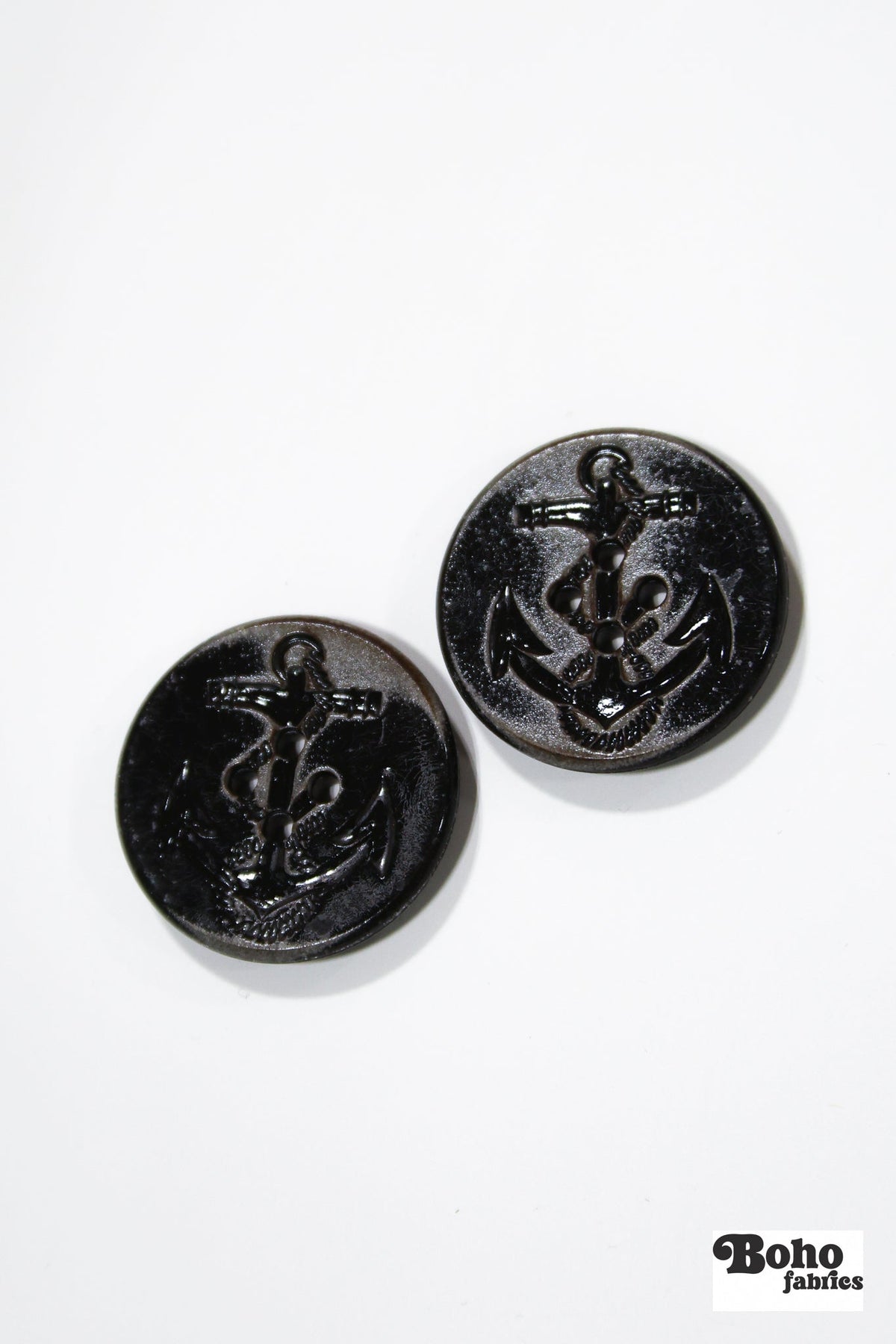 Black Distressed Anchor 4-Hole Shank Plastic Buttons. 24L (15mm / 5/8"), 40L (25mm / 1"), 50L (32mm / 1 1/4") - Boho Fabrics - Buttons & Snaps