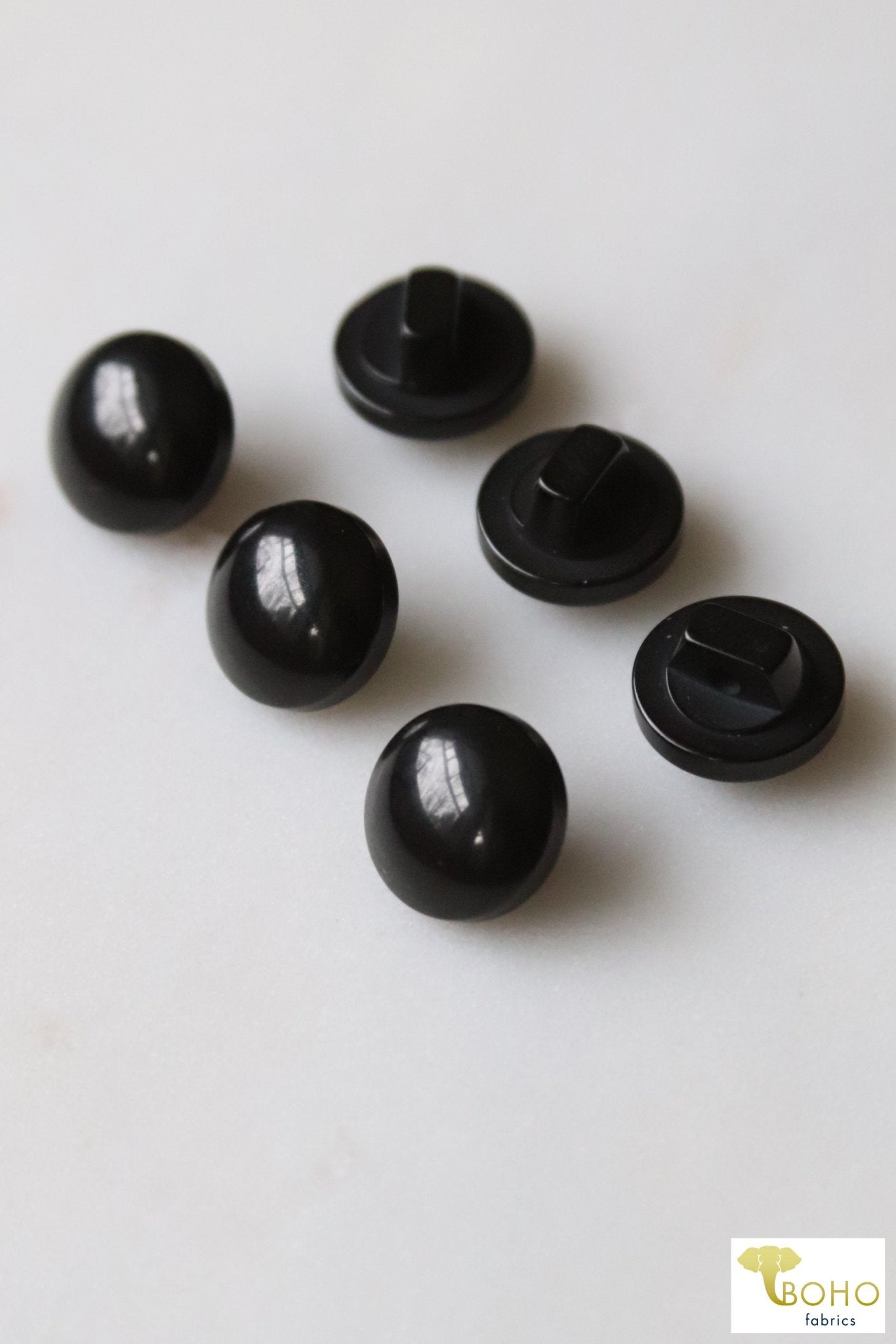 Black Dome, Shank Buttons. 20L (12mm/ 1/2") Sold per Package of 25 - Boho Fabrics