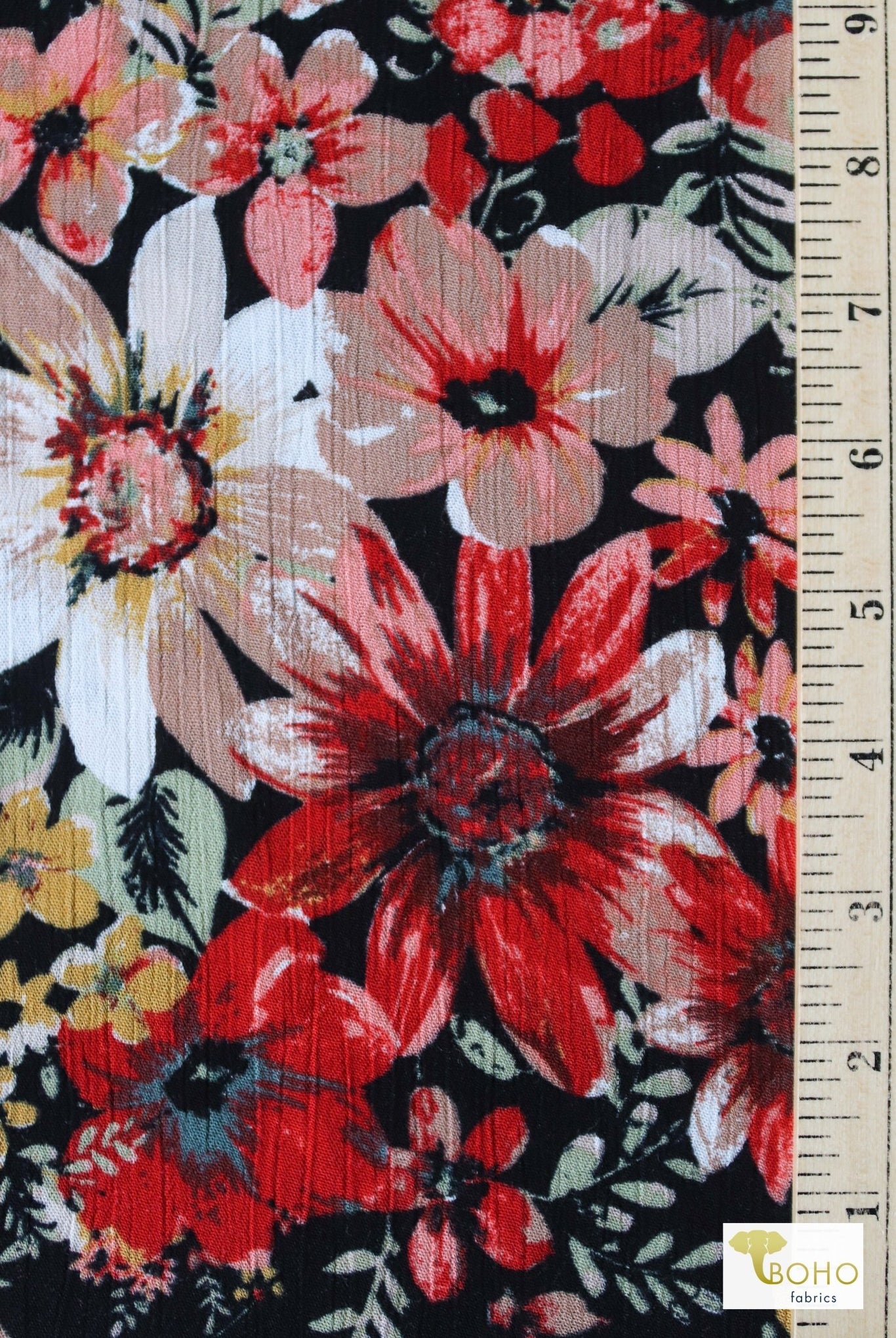 Black Fanciful Florals, Rayon Crepe Woven - Boho Fabrics