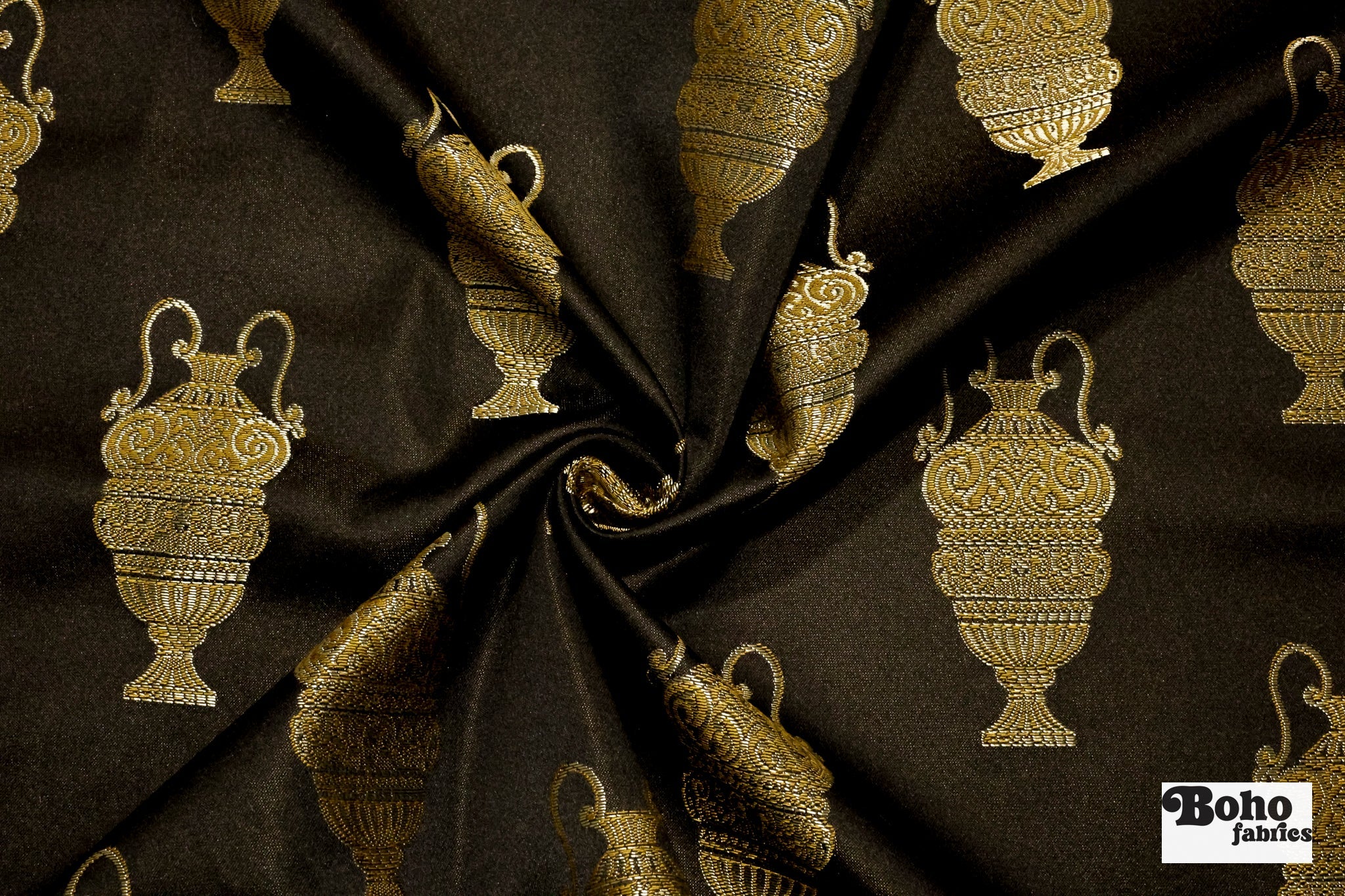 Black & Gold Antique Vase Jacquard Woven Fabric - Boho Fabrics - Jacquard, Woven
