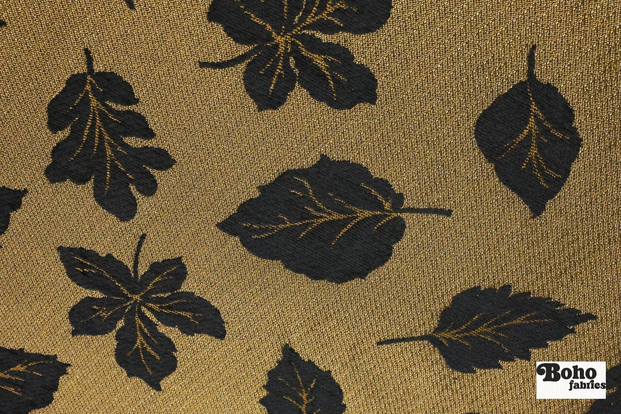 Black & Gold Leaves Jacquard Woven Fabric - Boho Fabrics - Jacquard, Woven