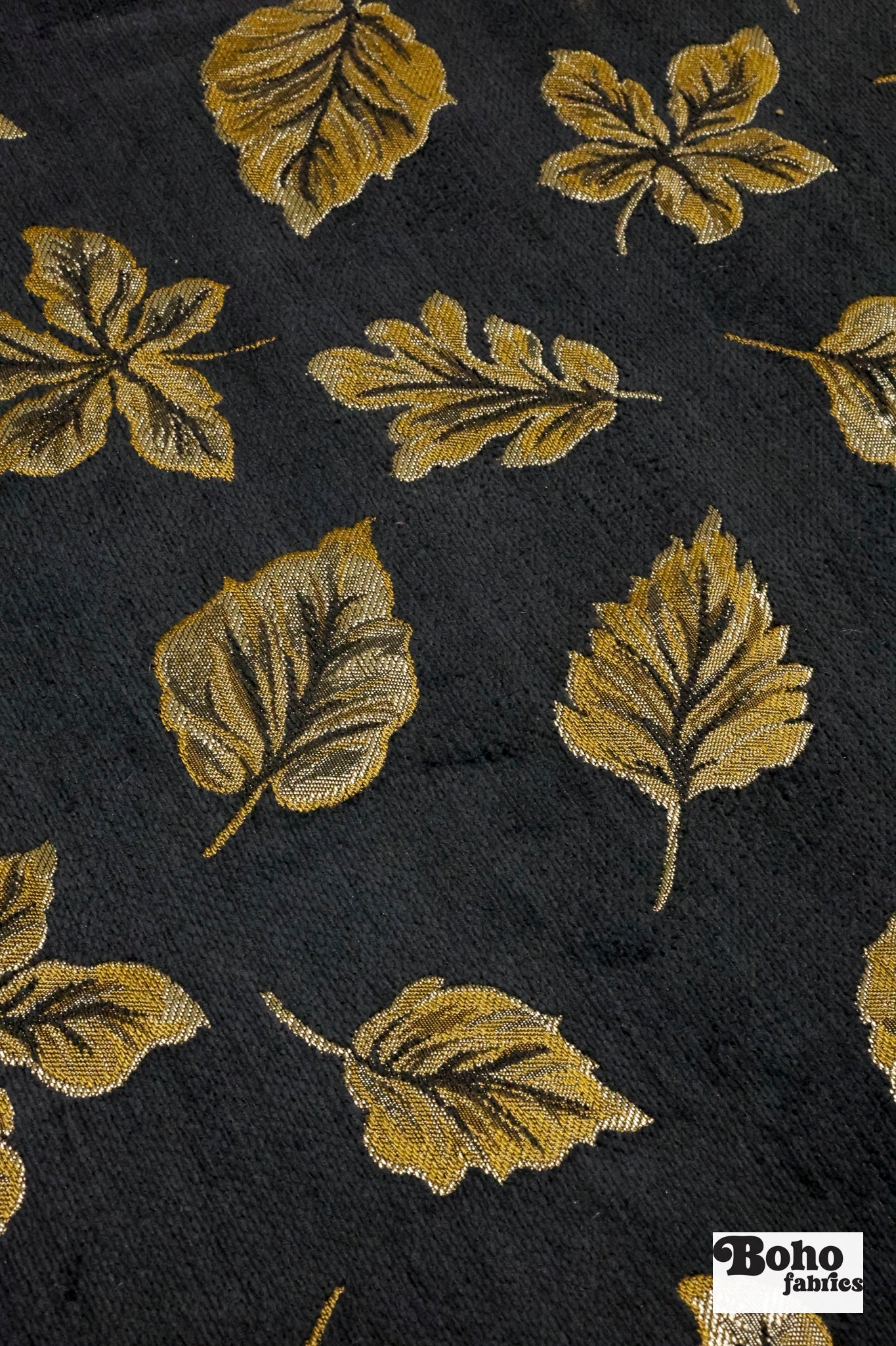 Black & Gold Leaves Jacquard Woven Fabric - Boho Fabrics - Jacquard, Woven