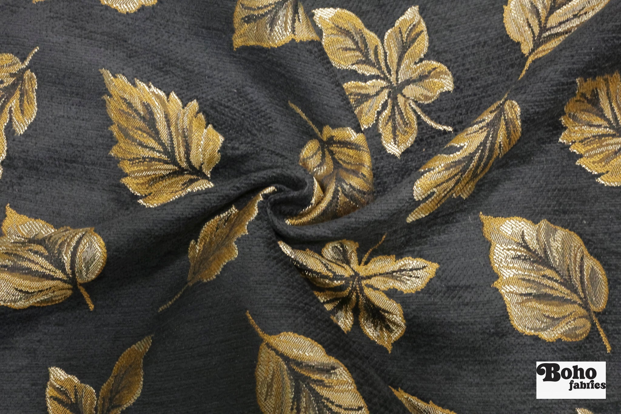 Black & Gold Leaves Jacquard Woven Fabric - Boho Fabrics - Jacquard, Woven