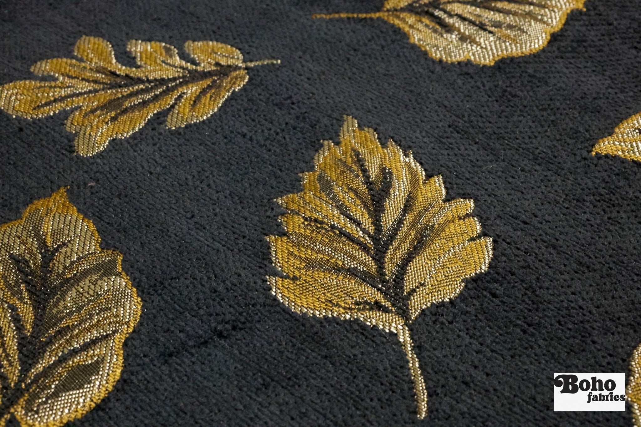 Black & Gold Leaves Jacquard Woven Fabric - Boho Fabrics - Jacquard, Woven