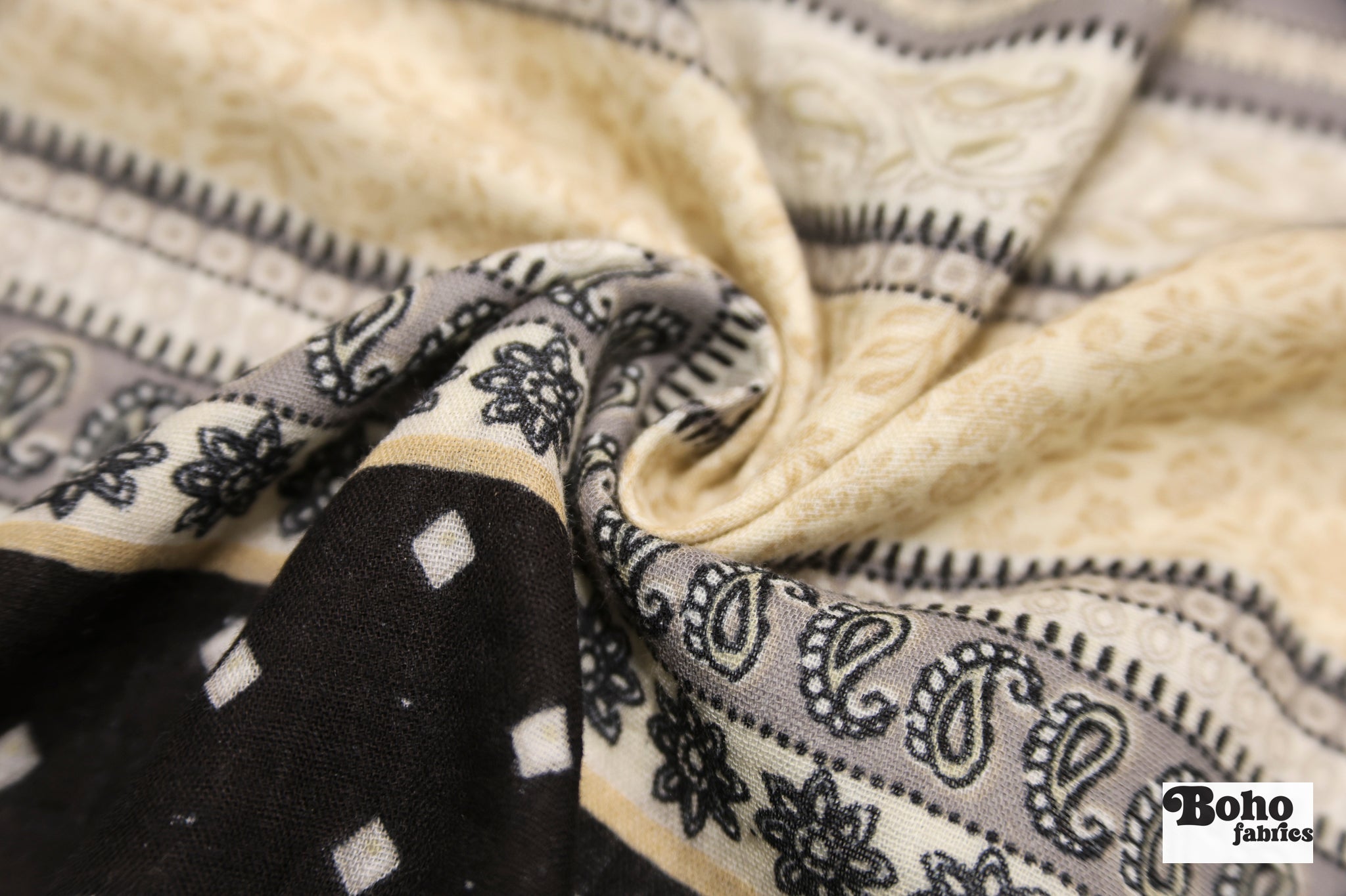 Black, Grey, and Beige Striped Paisley Double Gauze Cotton Woven Fabric - Boho Fabrics - Gauze, Woven