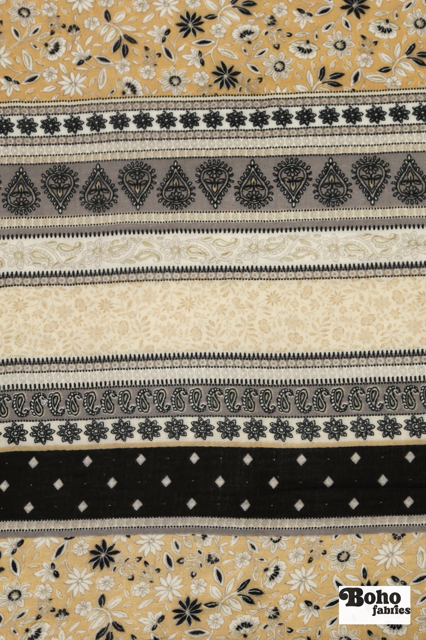 Black, Grey, and Beige Striped Paisley Double Gauze Cotton Woven Fabric - Boho Fabrics - Gauze, Woven