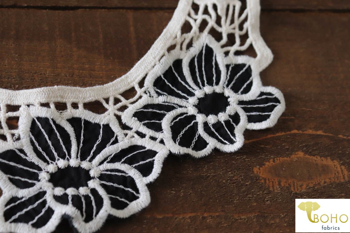 Black & Ivory Floral Applique. Style #FA-18 - Boho Fabrics