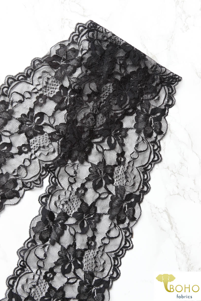 Black Lilies. Floral Stretch Galloon Lace Trim, 6.25" - Boho Fabrics