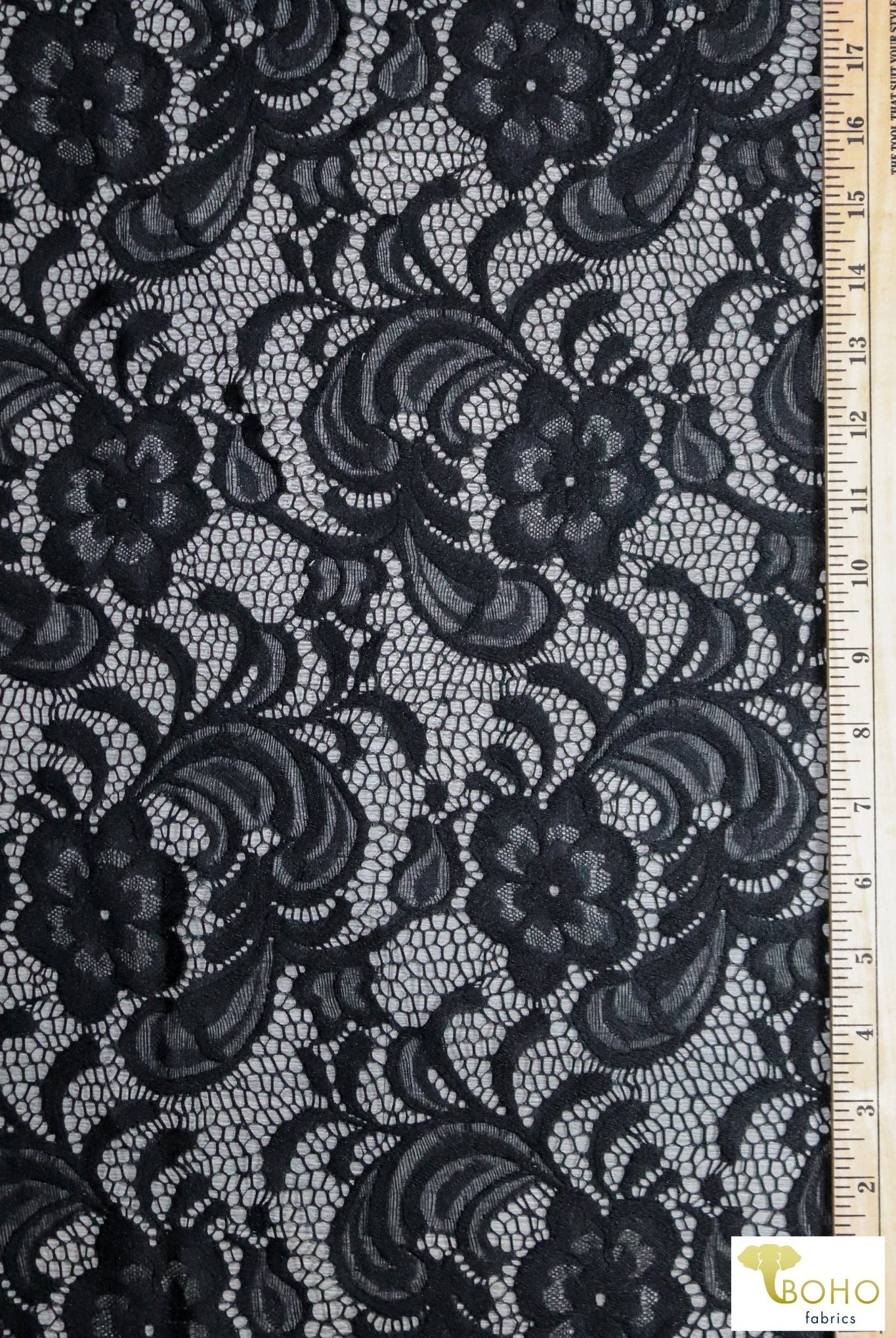 Black Lisianthus, Double Scallop Border. Stretch Lace Fabric. SL-129 - Boho Fabrics