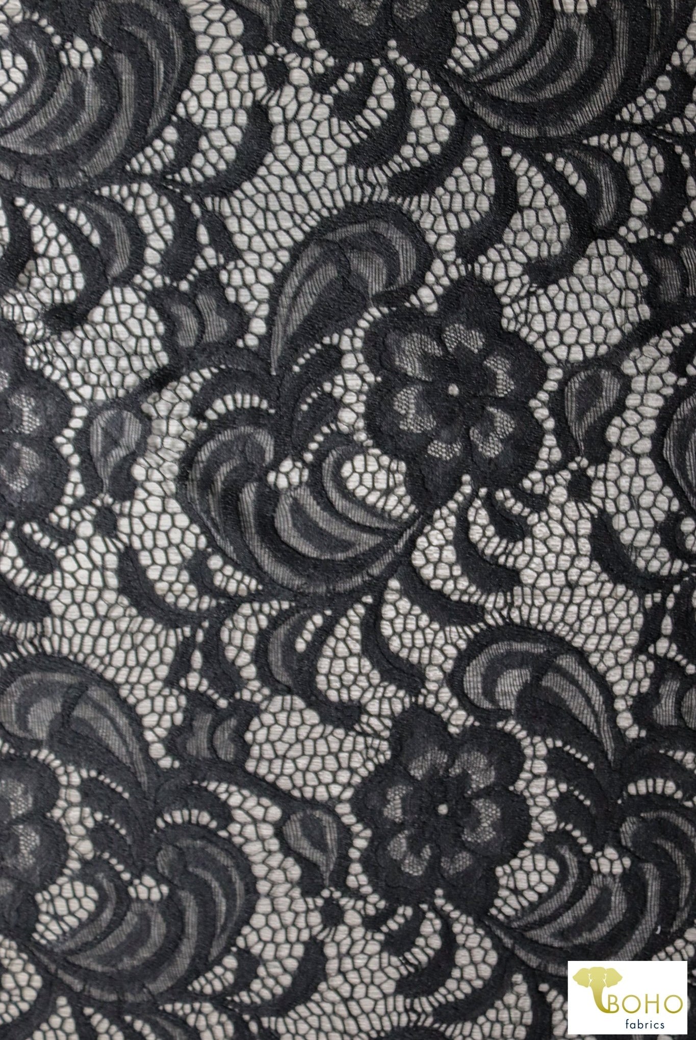 Black Lisianthus, Double Scallop Border. Stretch Lace Fabric. SL-129 - Boho Fabrics