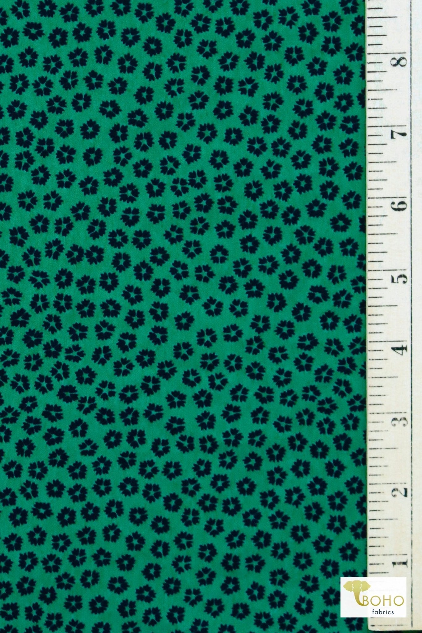 Black Mini-Florals on Green, Printed Swim Knit Fabric. - Boho Fabrics