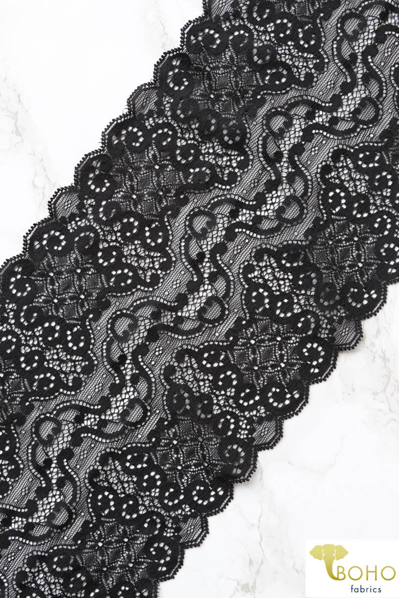 Black Mirror. Stretch Galloon Lace Trim, 6.5" - Boho Fabrics