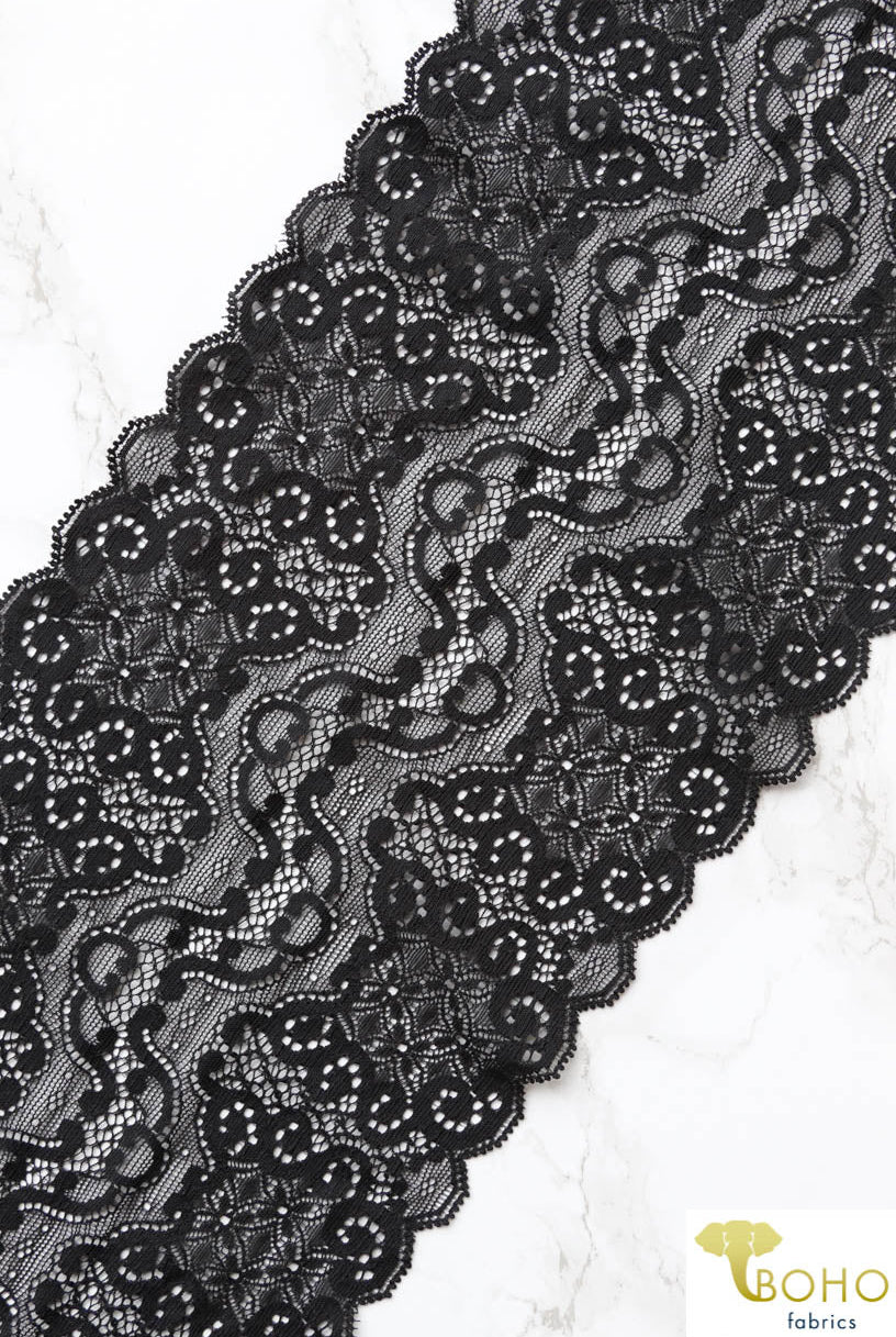 Black Mirror. Stretch Galloon Lace Trim, 6.5" - Boho Fabrics