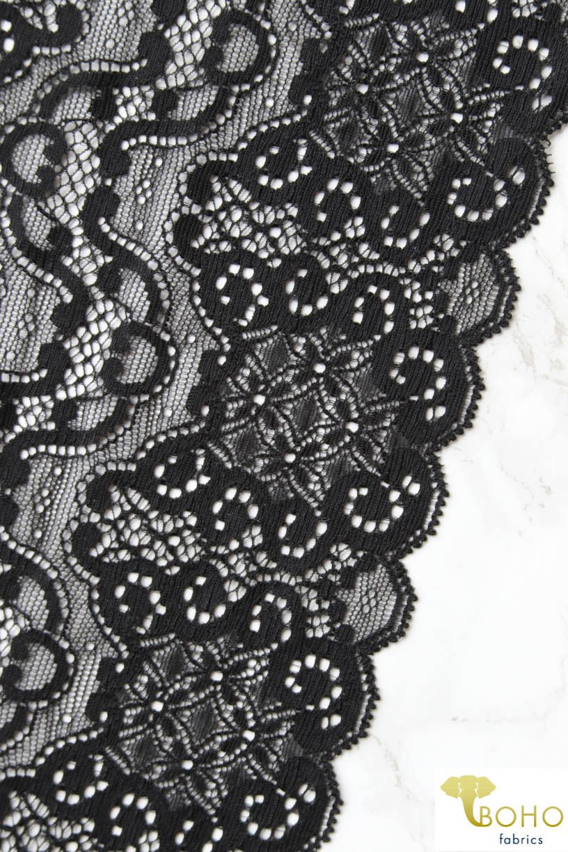 Black Mirror. Stretch Galloon Lace Trim, 6.5" - Boho Fabrics
