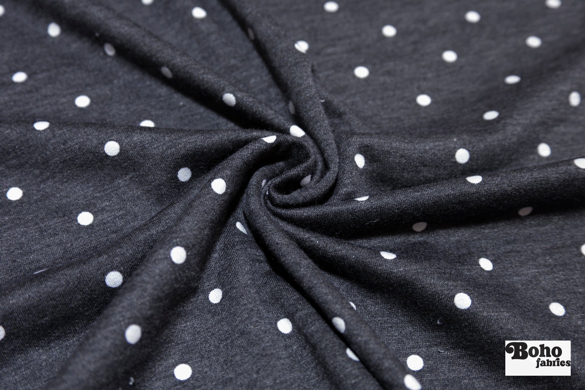 Black Polka Dots, French Terry Knit Fabric - Boho Fabrics - French Terry Prints, Knit Fabric