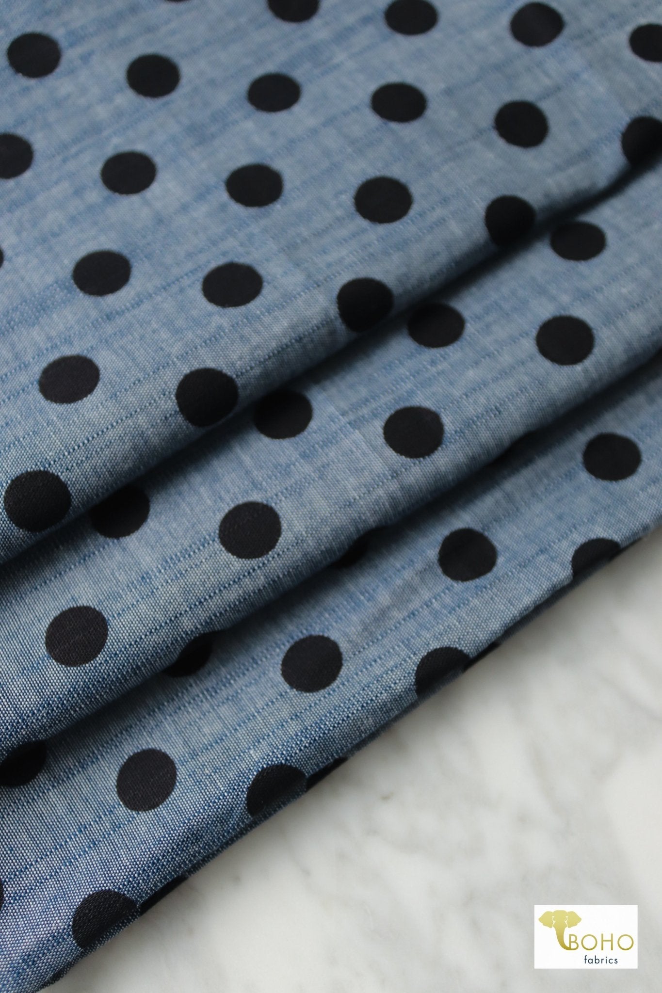 Black Polka Dots on Indigo, Cotton Chambray Woven - Boho Fabrics