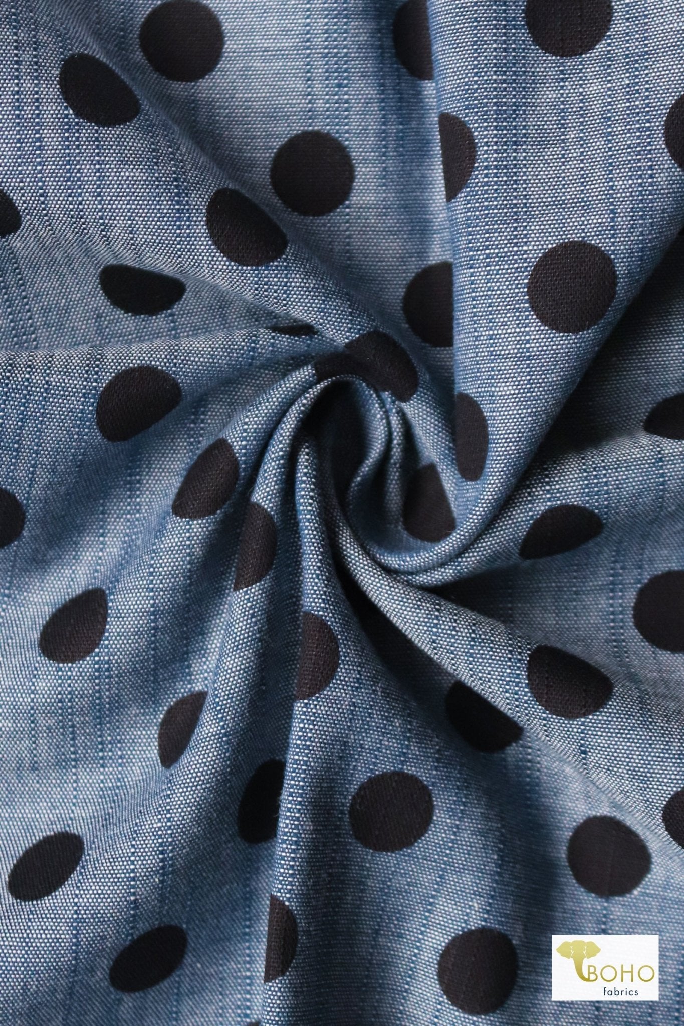 Black Polka Dots on Indigo, Cotton Chambray Woven - Boho Fabrics