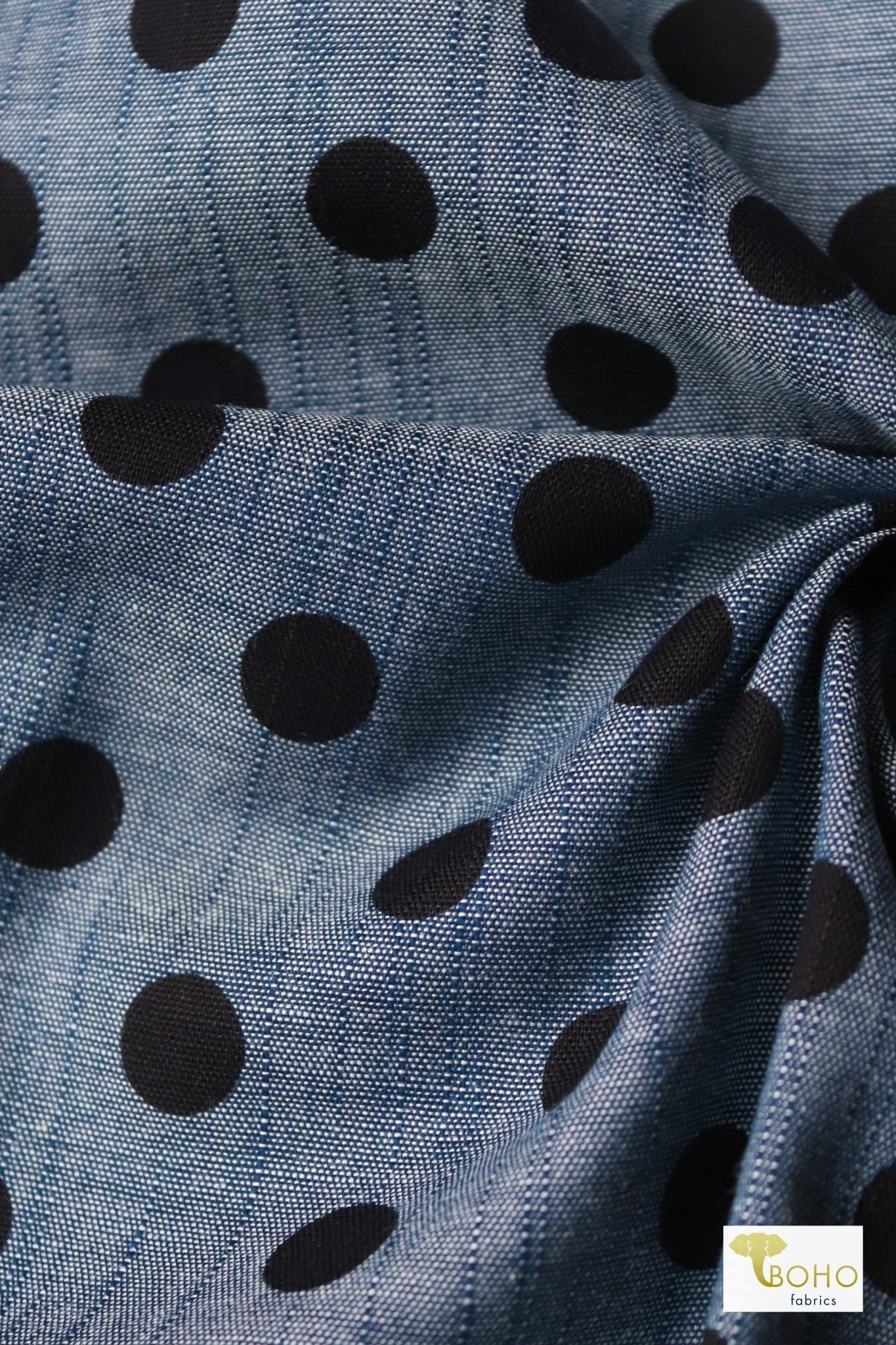 Black Polka Dots on Indigo, Cotton Chambray Woven - Boho Fabrics