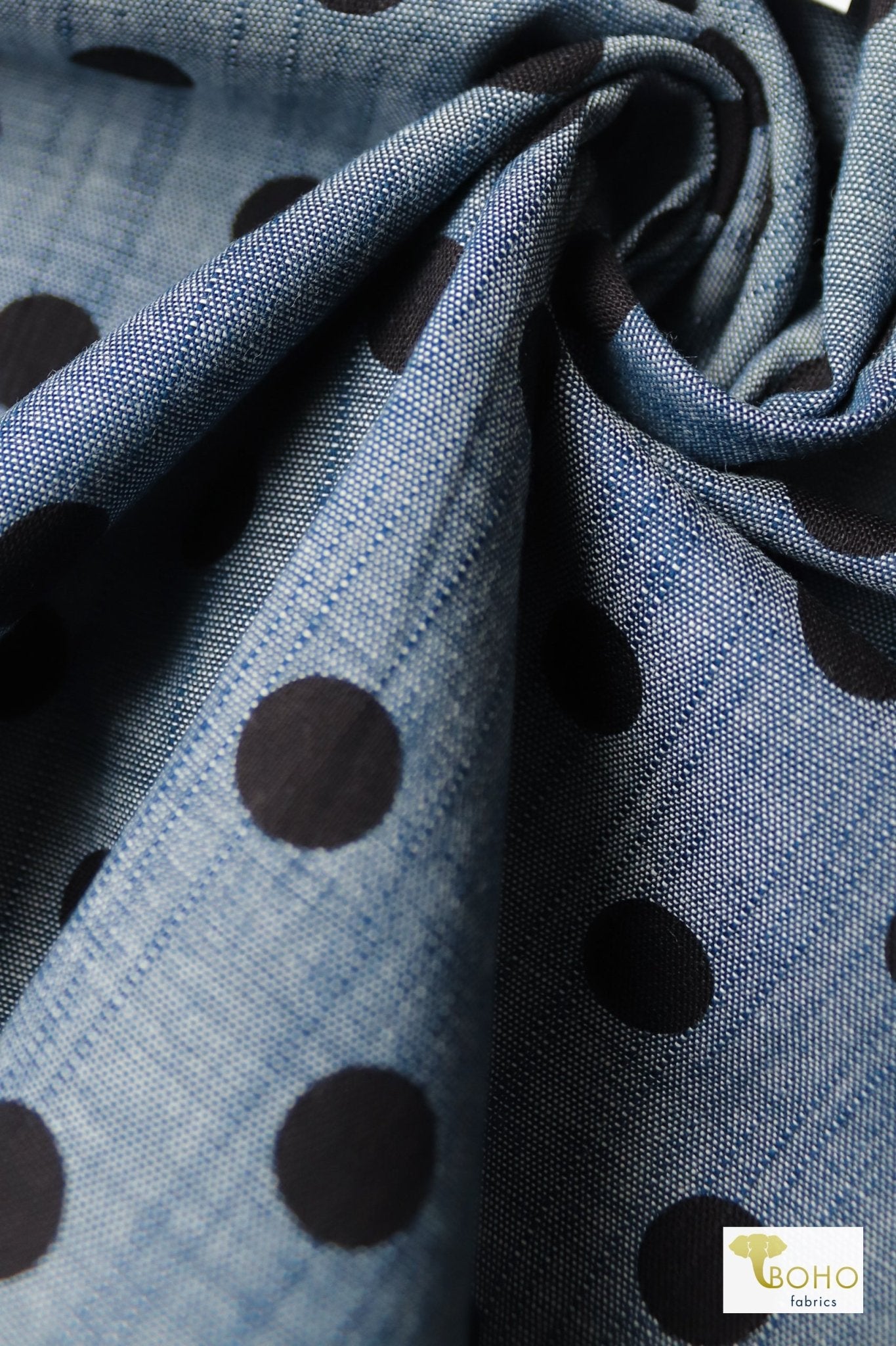 Black Polka Dots on Indigo, Cotton Chambray Woven - Boho Fabrics