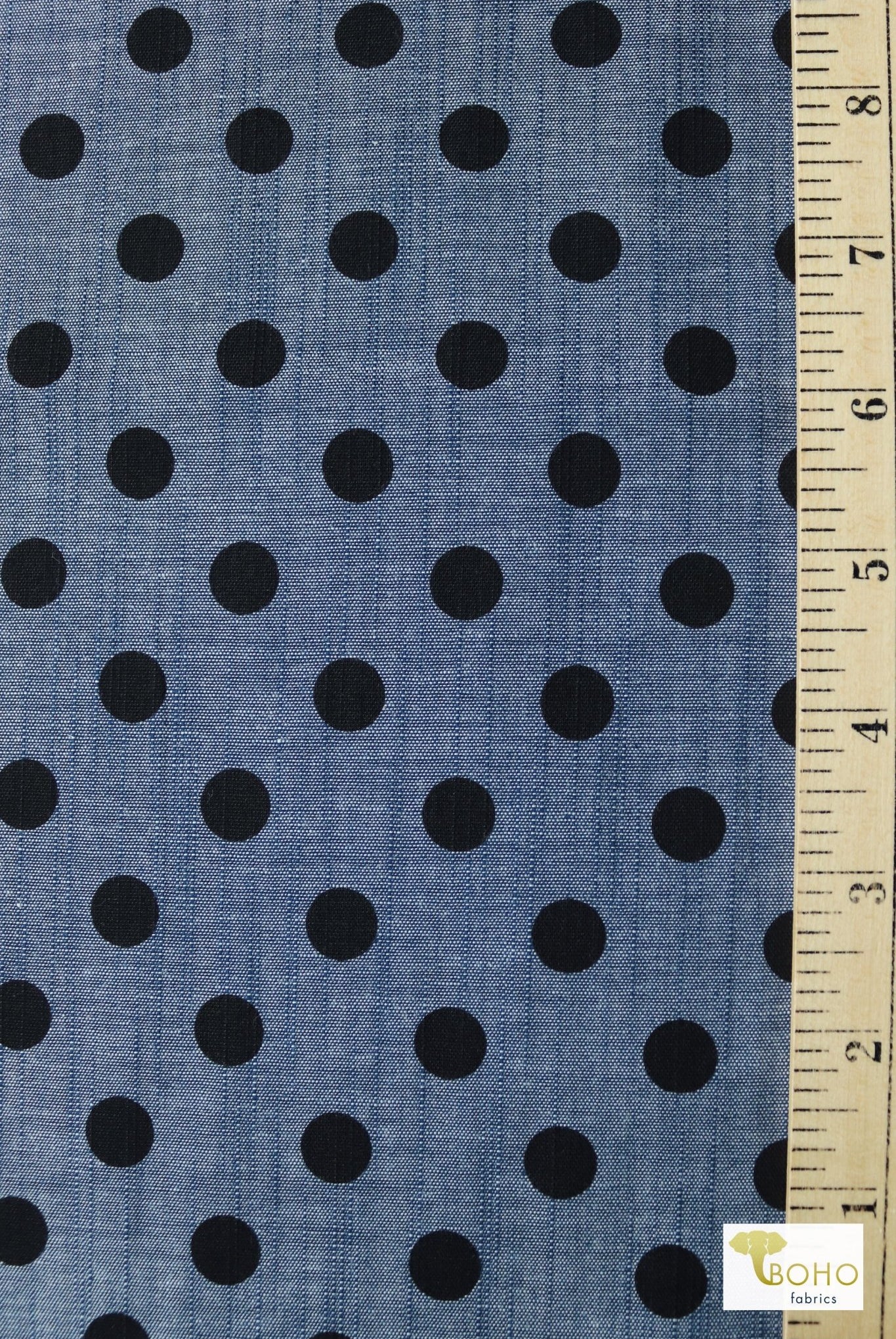 Black Polka Dots on Indigo, Cotton Chambray Woven - Boho Fabrics