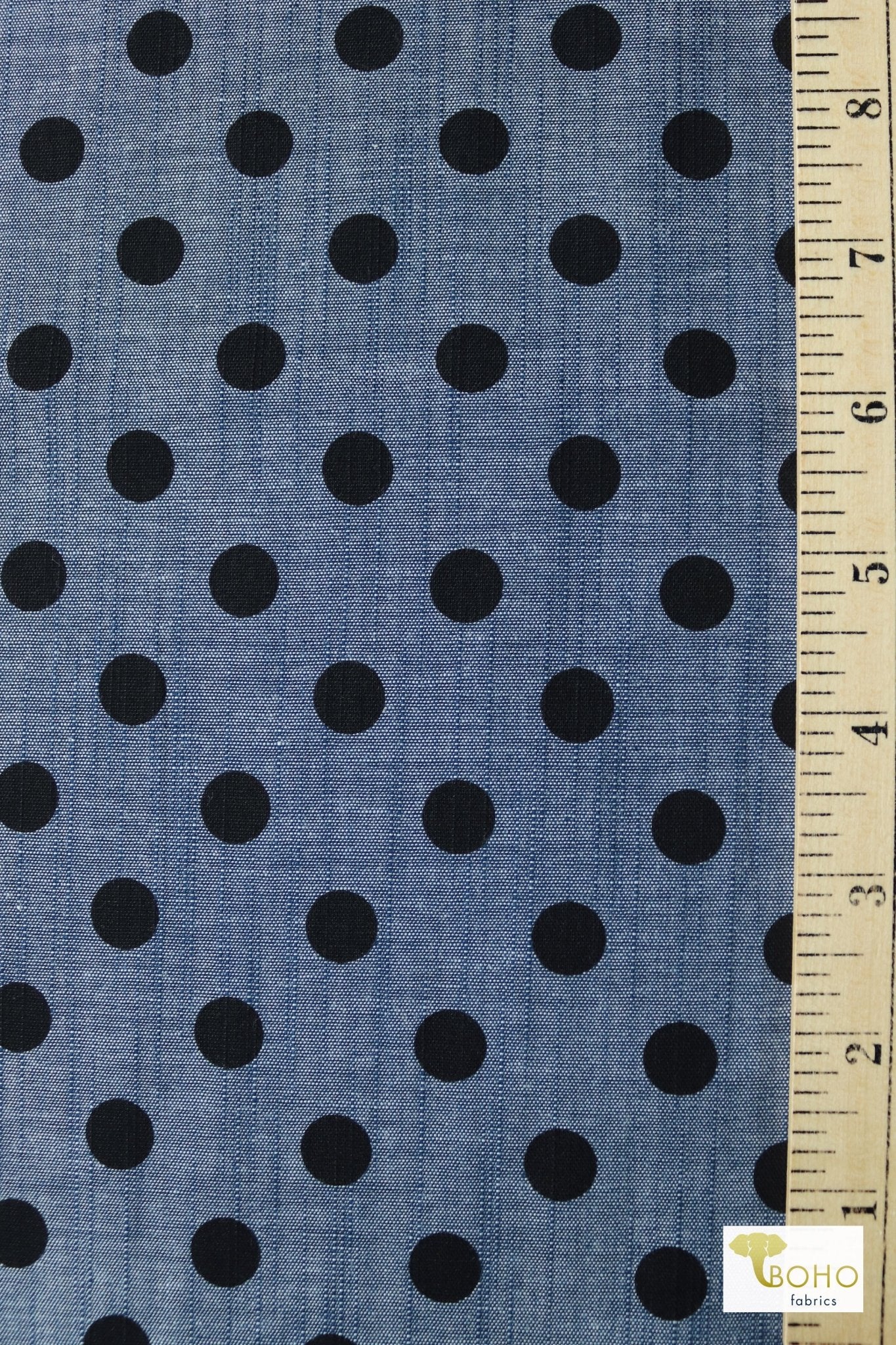 Black Polka Dots on Indigo, Cotton Chambray Woven - Boho Fabrics