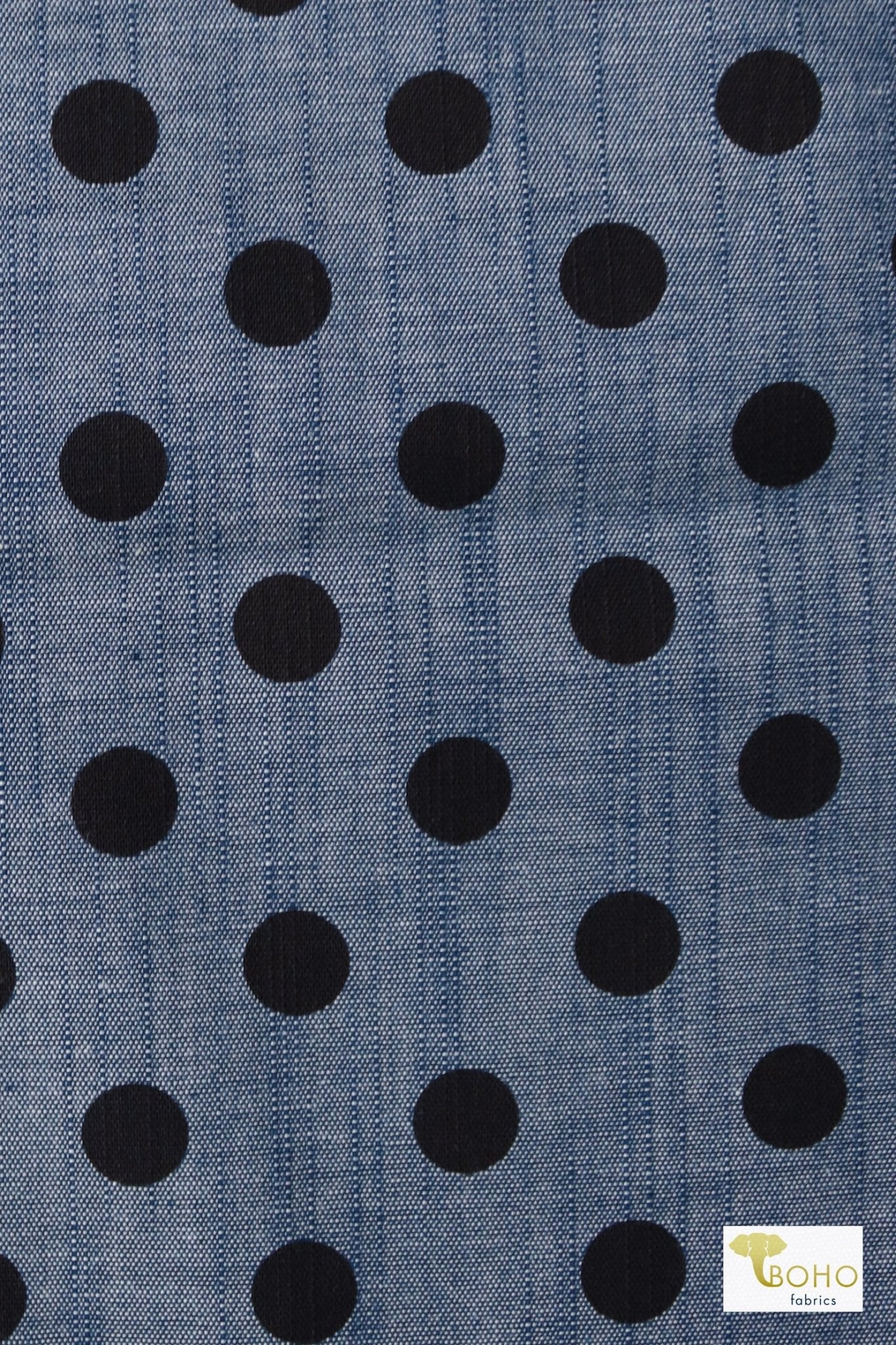 Black Polka Dots on Indigo, Cotton Chambray Woven - Boho Fabrics