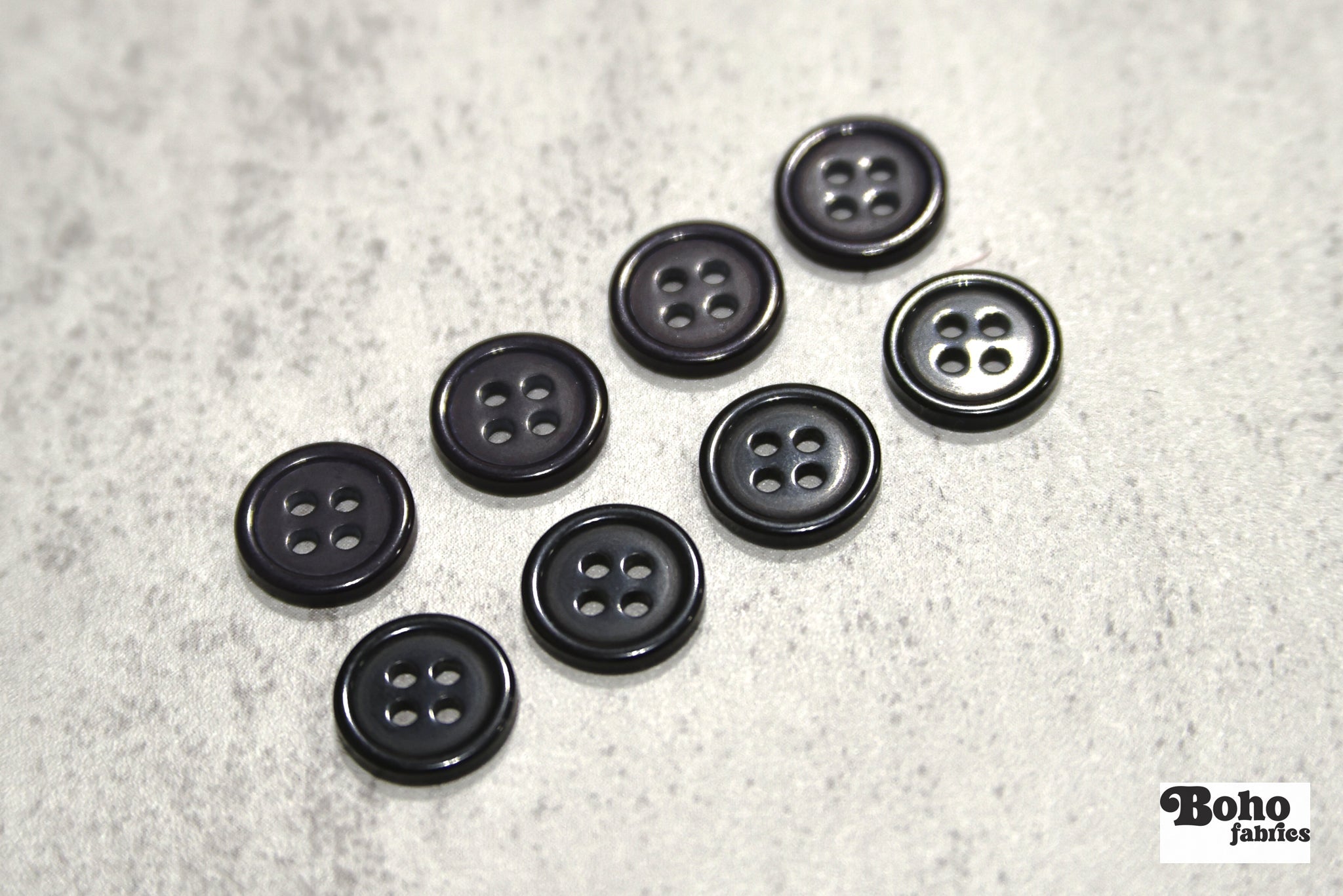 Black, Purple. Round 4 Hole Bevel Buttons. 18L (11.5mm/ 7/16") Sold per Package of 25 - Boho Fabrics - Buttons & Snaps