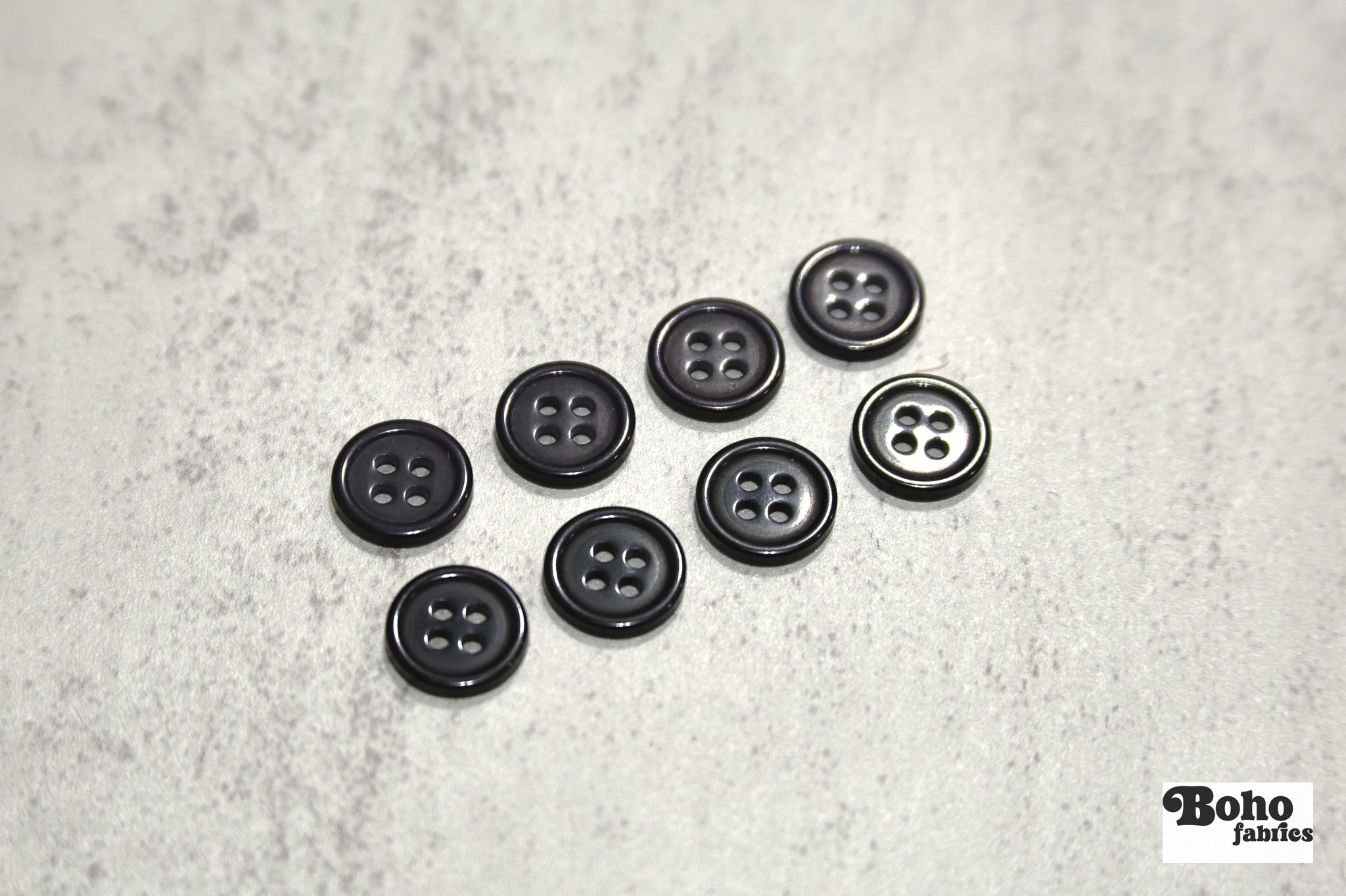 Black, Purple. Round 4 Hole Bevel Buttons. 18L (11.5mm/ 7/16") Sold per Package of 25 - Boho Fabrics - Buttons & Snaps