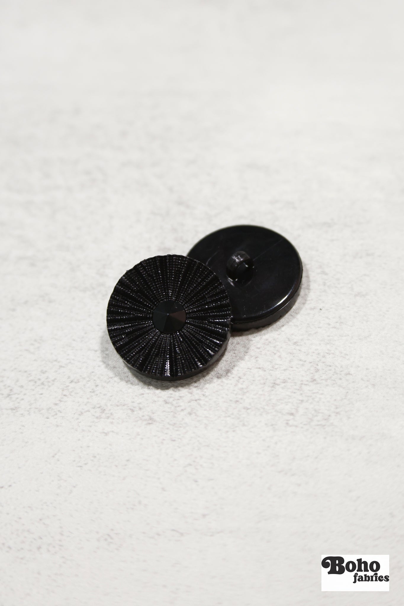 Black Round Ridged Sunburst Shank Buttons. 26L (16mm/ 3/4"), 28L, (18mm/ 11/16"), 34L (21mm / 13/16"), 36L (23mm, 7/8"), 42L (26mm/ 1") (Copy) (Copy) - Boho Fabrics - Buttons & Snaps