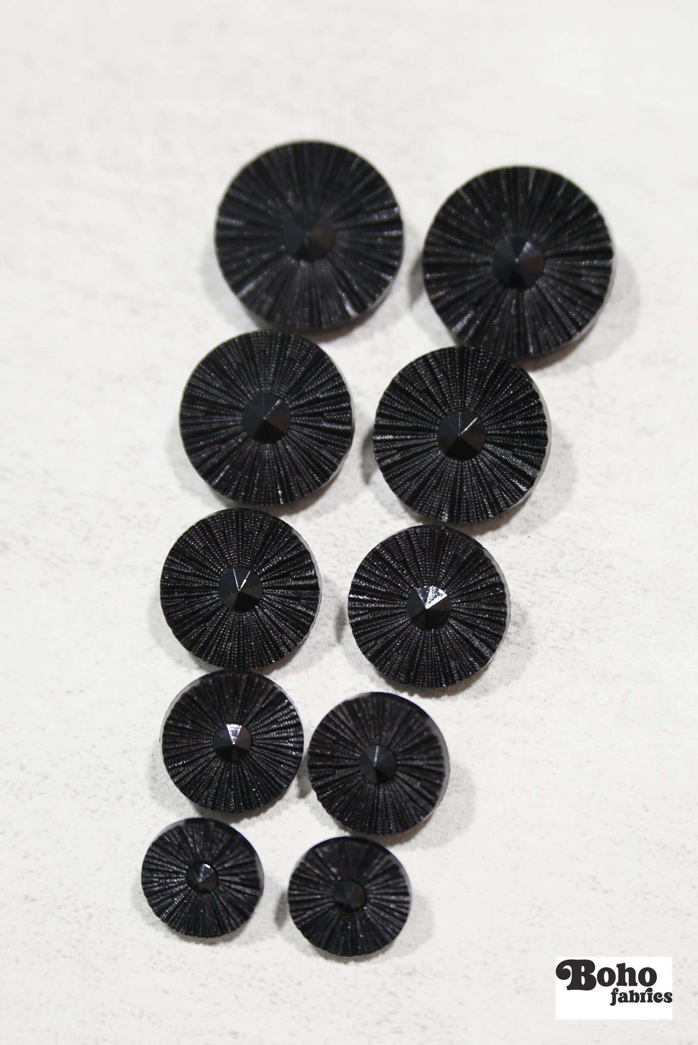 Black Round Ridged Sunburst Shank Buttons. 26L (16mm/ 3/4"), 28L, (18mm/ 11/16"), 34L (21mm / 13/16"), 36L (23mm, 7/8"), 42L (26mm/ 1") (Copy) (Copy) - Boho Fabrics - Buttons & Snaps