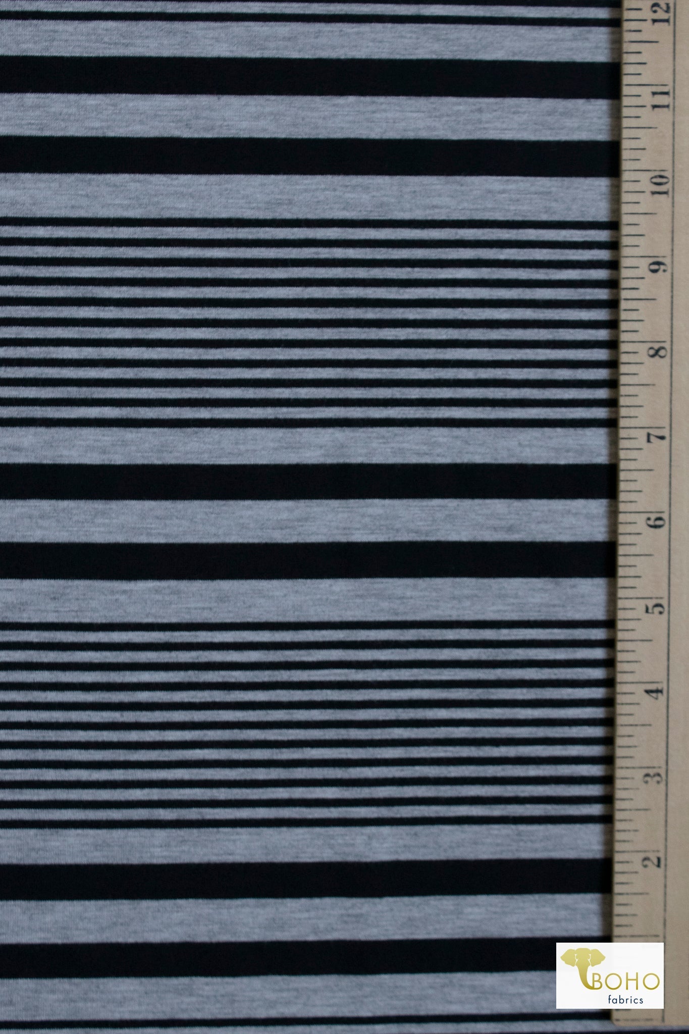 Black Varigated Stripes on Gray, Jersey Knit - Boho Fabrics - Jersey Knit Printed Fabric