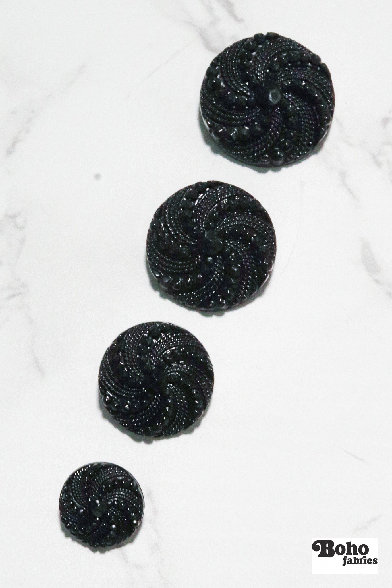Black Victorian Revival Pinwheel Shank Buttons. Available in 15mm (24L), 23mm (36L), 25mm (40L), and 28mm (44L) - Boho Fabrics - Buttons & Snaps
