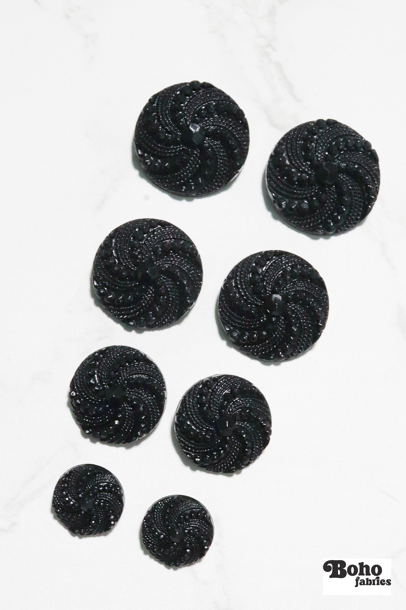 Black Victorian Revival Pinwheel Shank Buttons. Available in 15mm (24L), 23mm (36L), 25mm (40L), and 28mm (44L) - Boho Fabrics - Buttons & Snaps